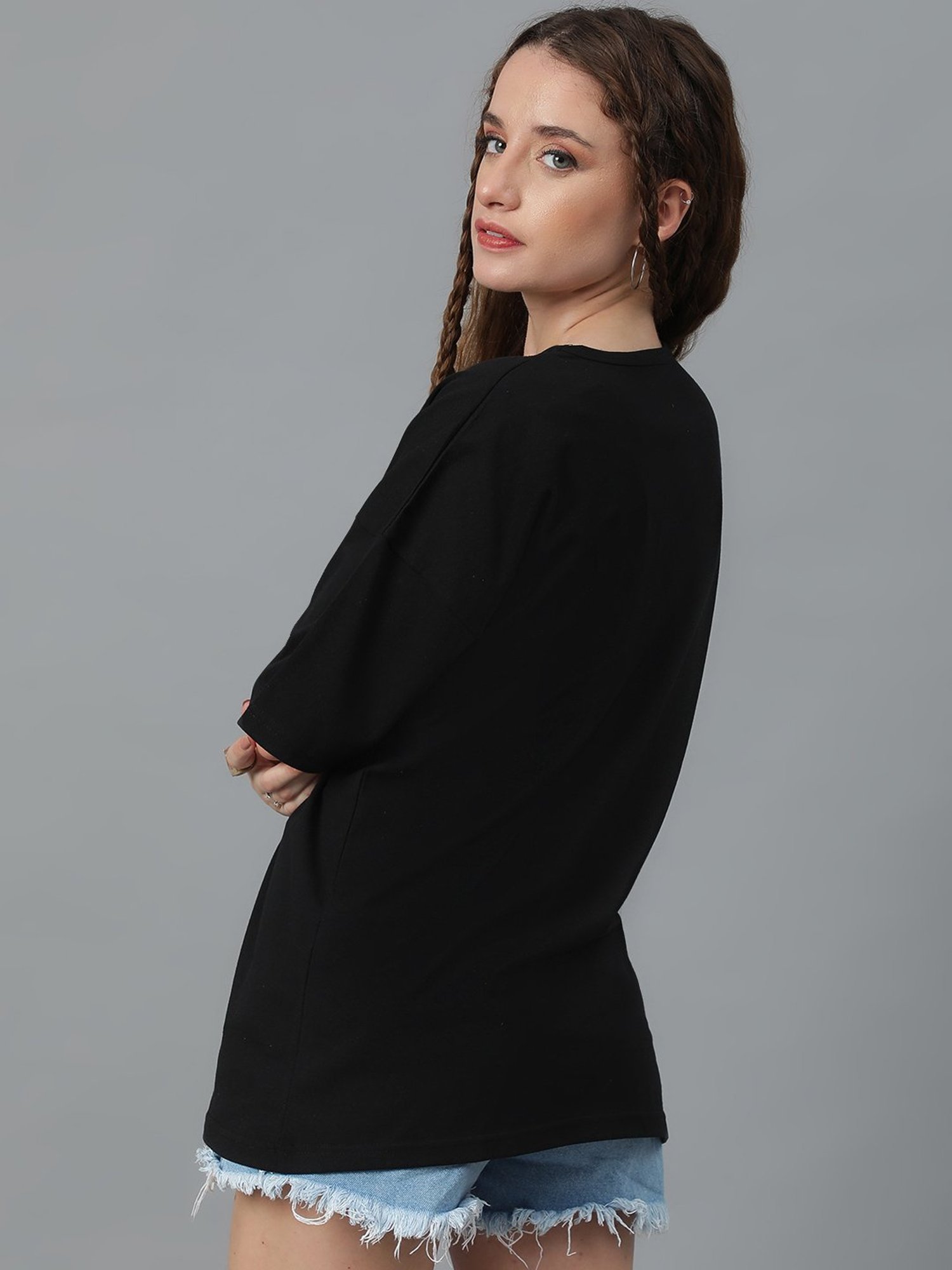 Kotty Black Printed Oversized T-Shirt