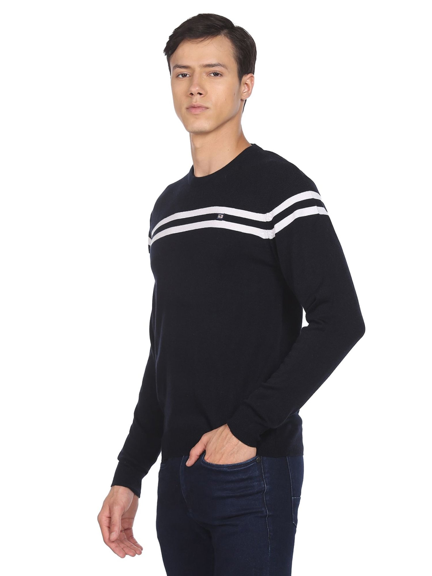 Arrow Sport Navy Blue Regular Fit Striped Sweater