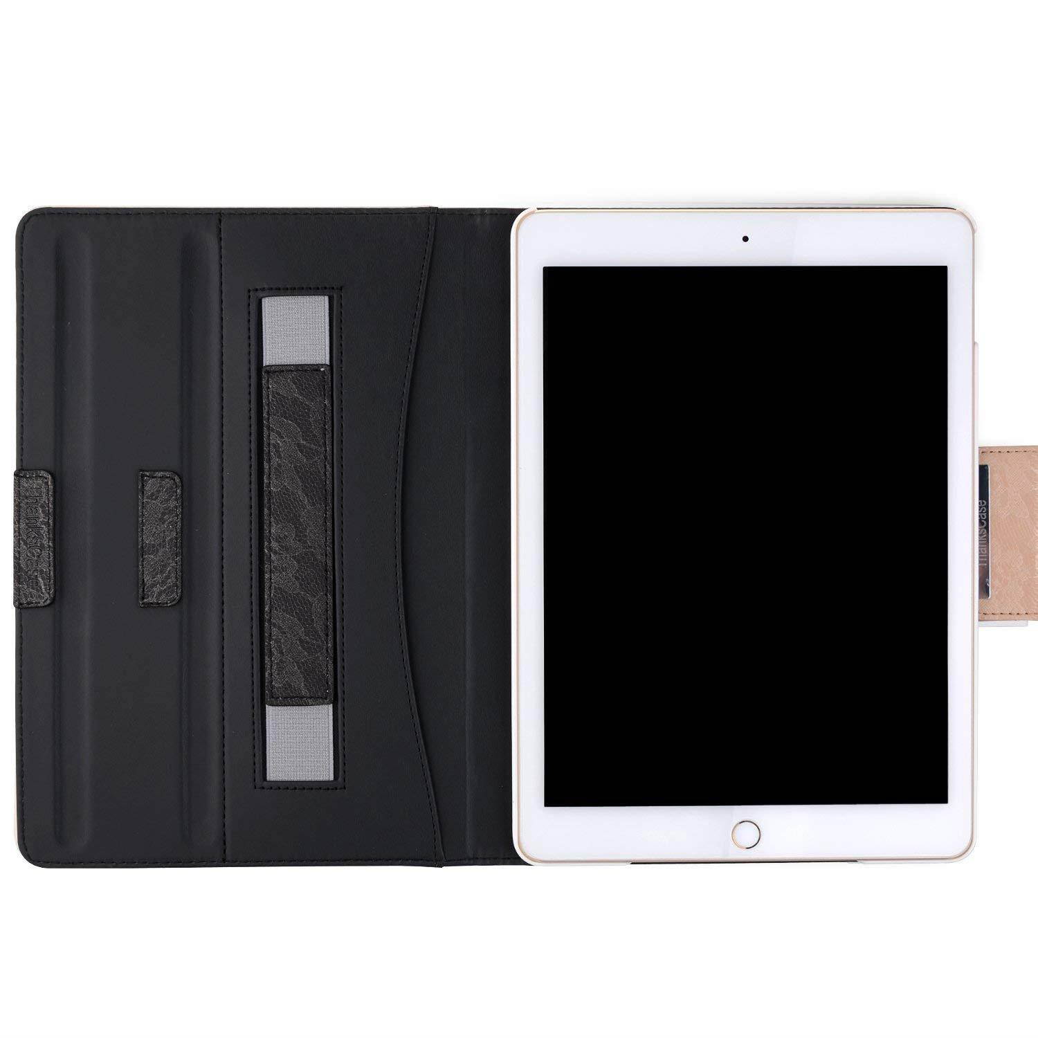 Thankscase Case for iPad Air 2, Rotating Case Smart Cover with Great Pattern,Swivel Case Bulid-in Wallet Pocket and Hand Strap for iPad Air 2.(Lace Black Gold)