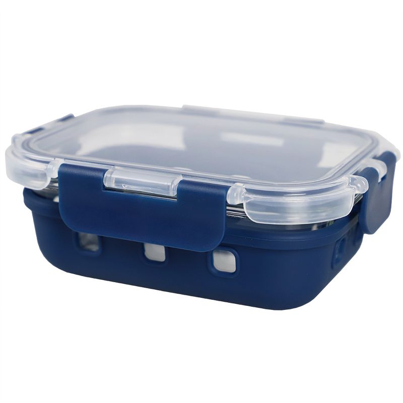 Michael Graves Design Rectangle Small 12 Ounce High Borosilicate Glass Food Storage Container with Plastic Lid, Indigo