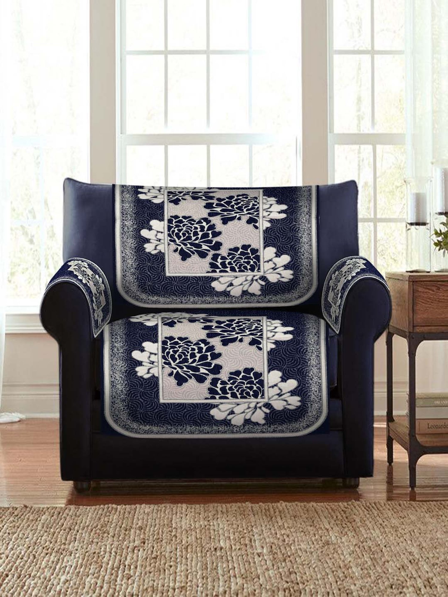 HOSTA HOMES Navy & Beige Velvet Sofa Cover With Arm Rest - Set of 16