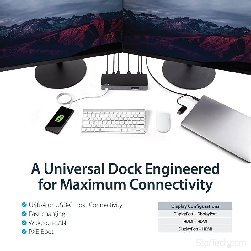 com USB-C & USB-A Dock - Hybrid Universal Laptop Docking Station with Dual Monitor 4K60Hz HDMI & DisplayPort - USB 3.1 Gen 1 Hub, GbE - 60W Power Delivery - Windows, Mac & Chrome (DK30C2DPPD)