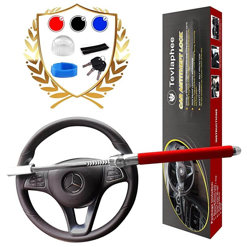 Steering Wheel Lock for Cars,Wheel Lock,Vehicle Anti-Theft Lock,Adjustable Length Clamp Double Hook Universal Fit Emergency Hammer Window Breaker Self Defense Heavy Duty Secure (Red)