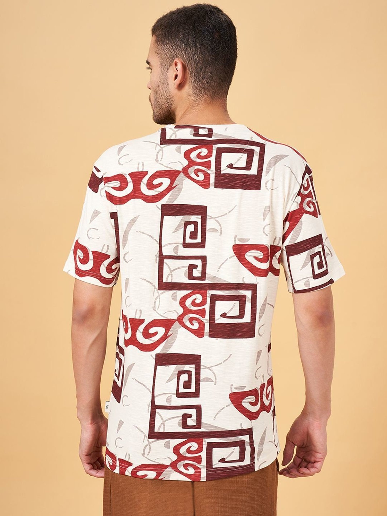 7 Alt by Pantaloons Ivory Cotton Relaxed Fit Printed T-Shirt