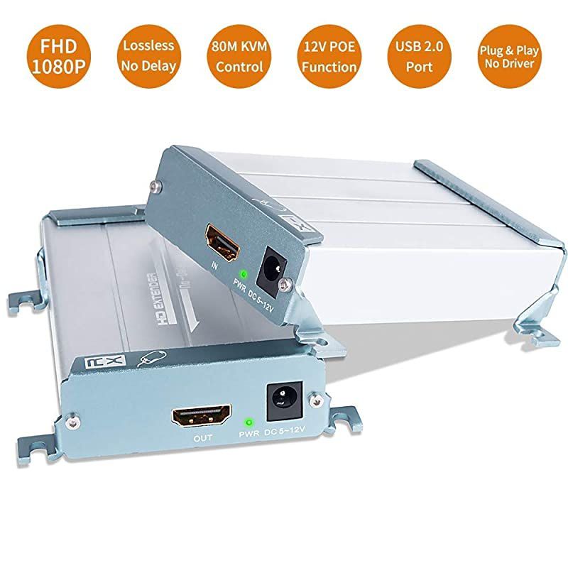 HDMI KVM USB Extender with POE  80m 262ft HDMI RJ45 Transmitter and Receiver Adapter by Cat5 Cat6 Ethernet LAN Cable Support 1080P Full HD AV Signal Lossless No Delay