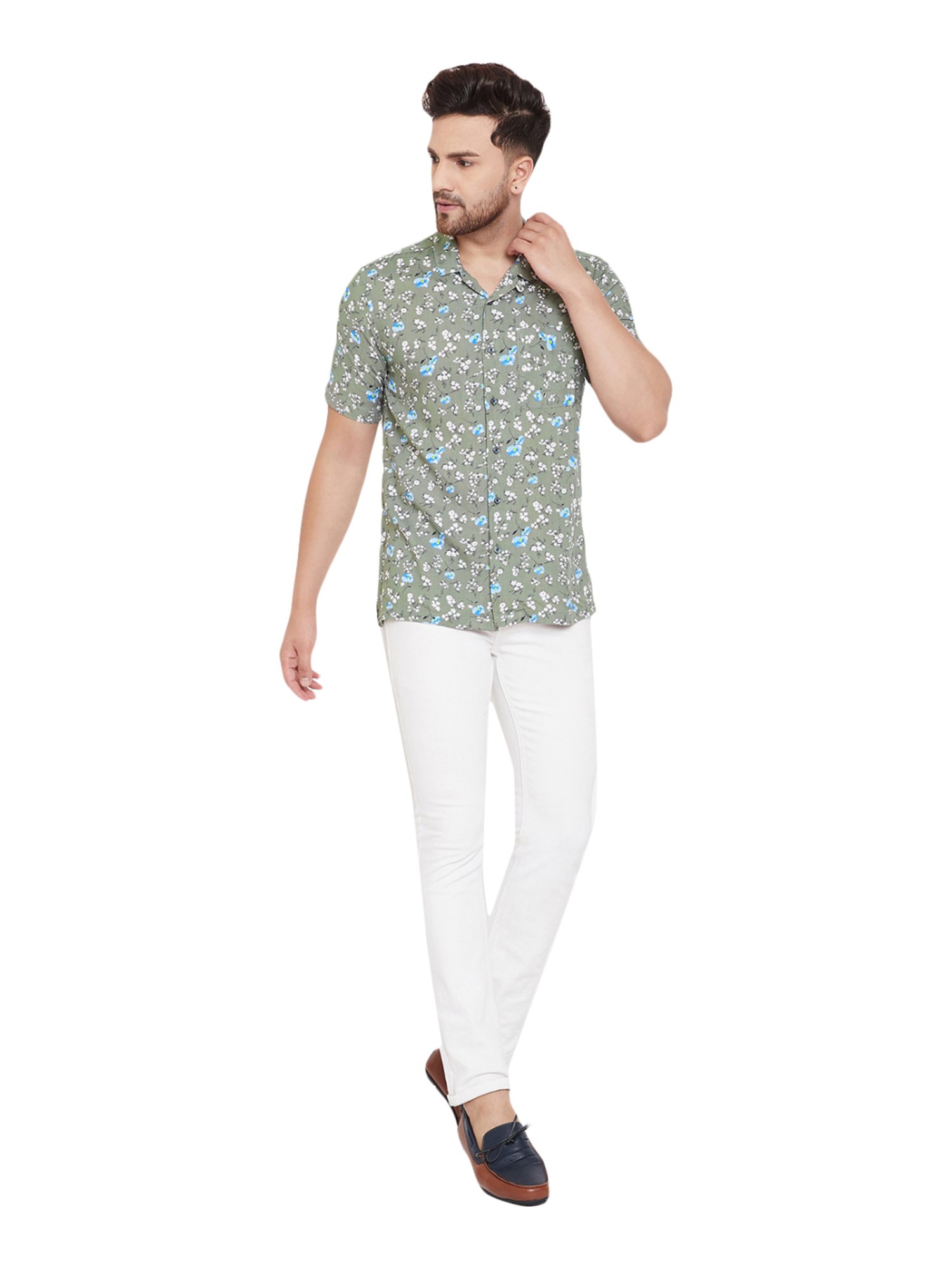 Even Olive Green Slim Fit Printed Shirt