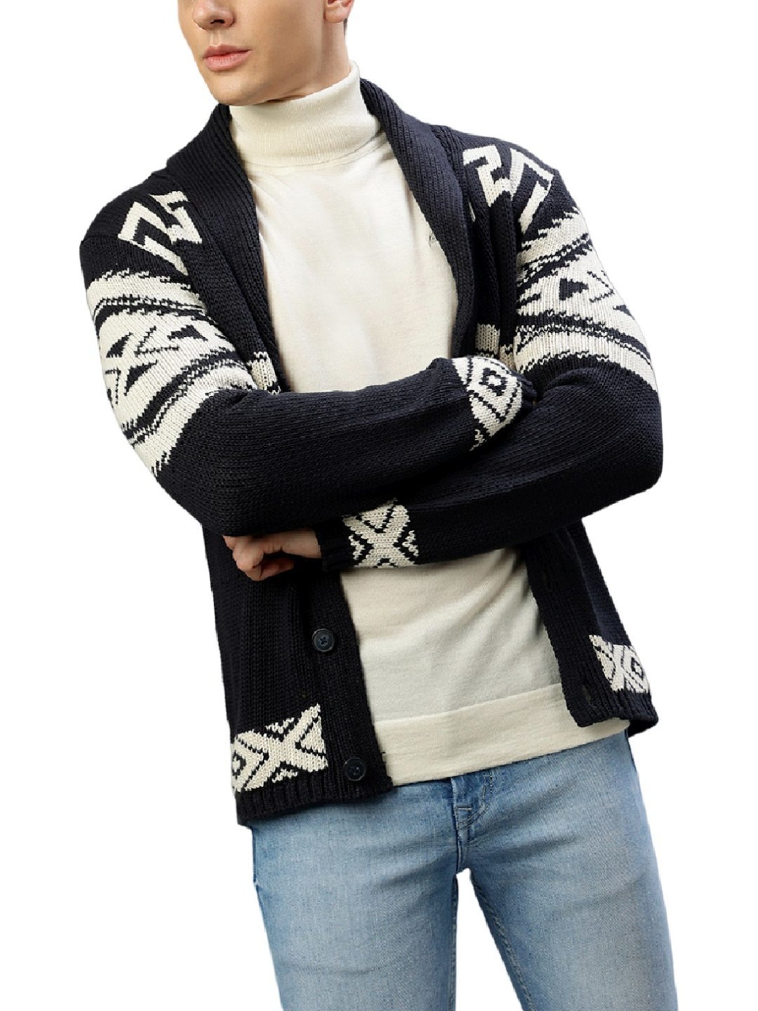 Lindbergh Navy Cotton Regular Fit Self Pattern Sweaters