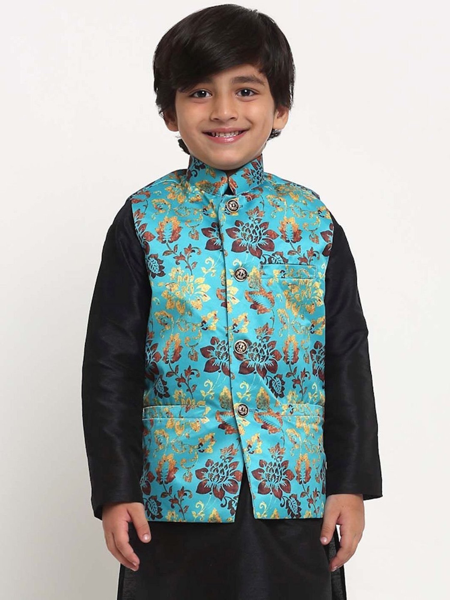 Benstoke Kids Green & Gold Floral Print Nehru Jacket