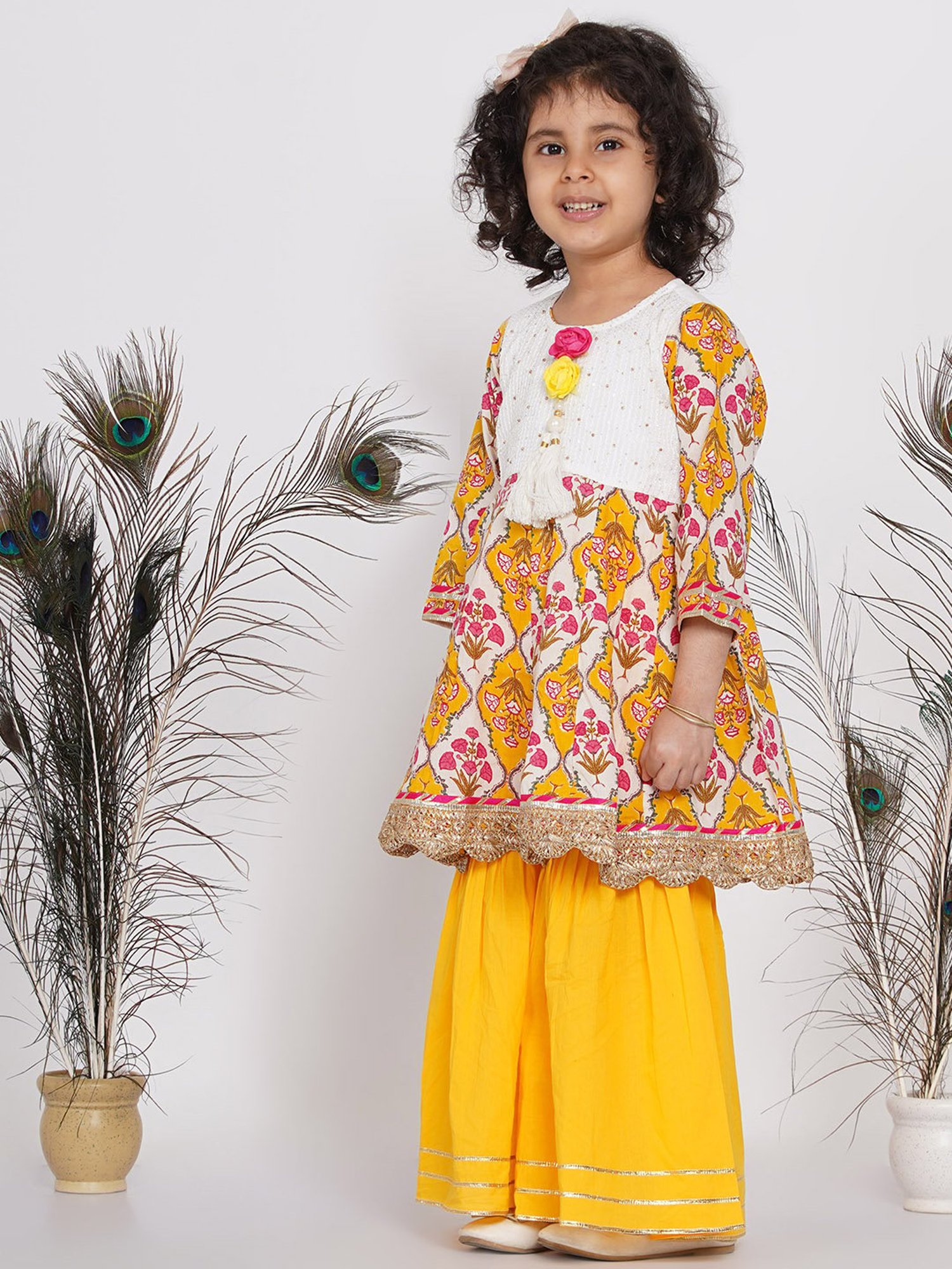 Little Bansi Kids Yellow Floral Print Kurta with Sharara & Dupatta