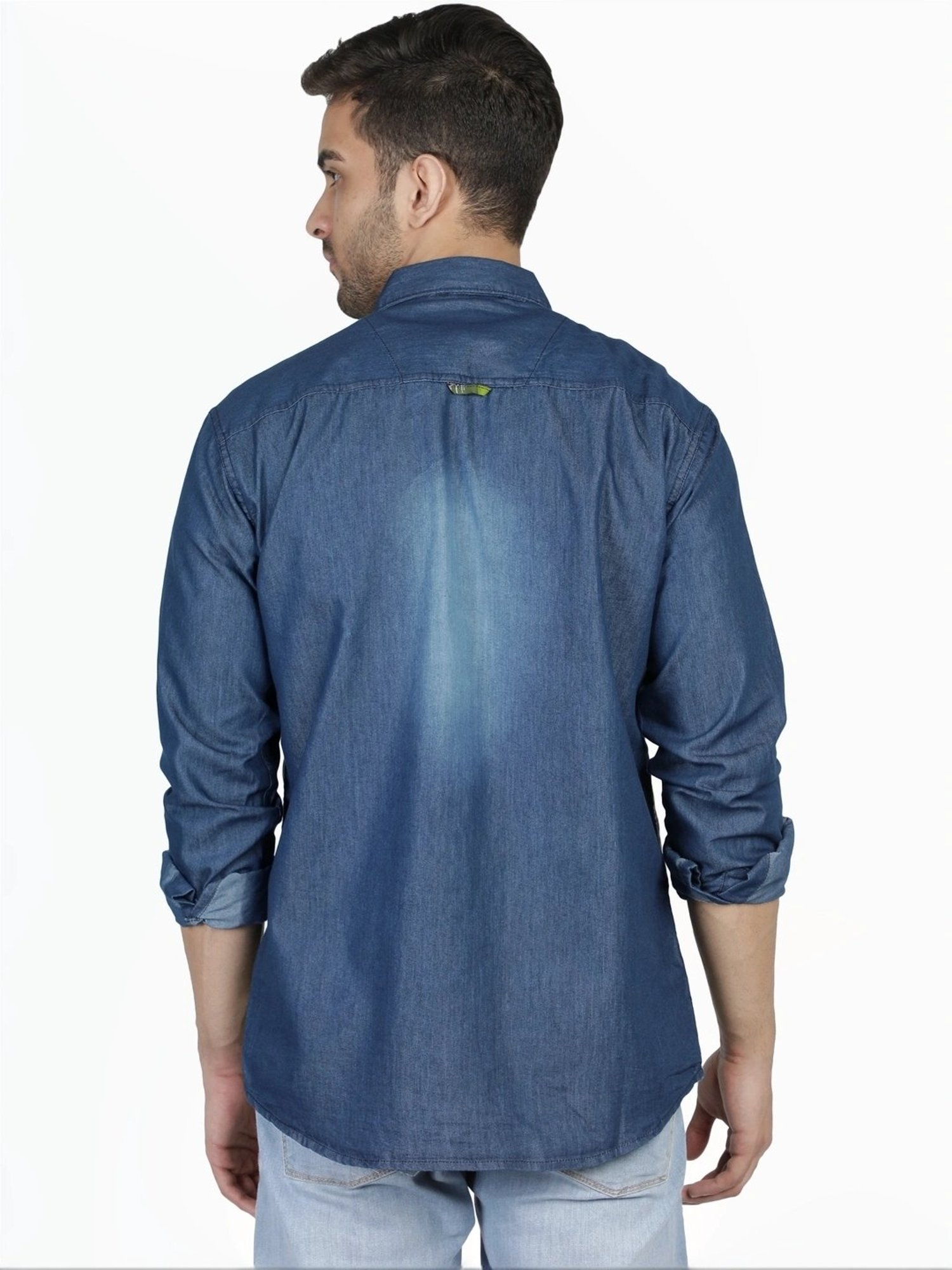 Kuons Avenue Green & Blue Slim Fit Checks Denim Shirt