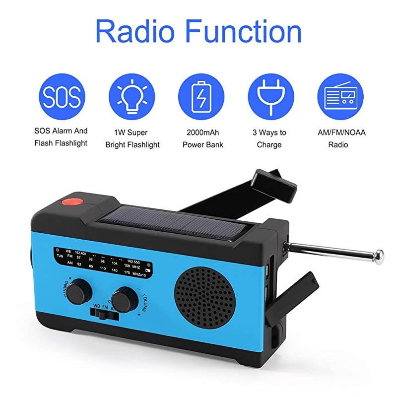 Solar Hand Crank NOAA Weather Radio, Emergency Radio with LED Flashlight and 2000mAh Portable Smart Phone Charger