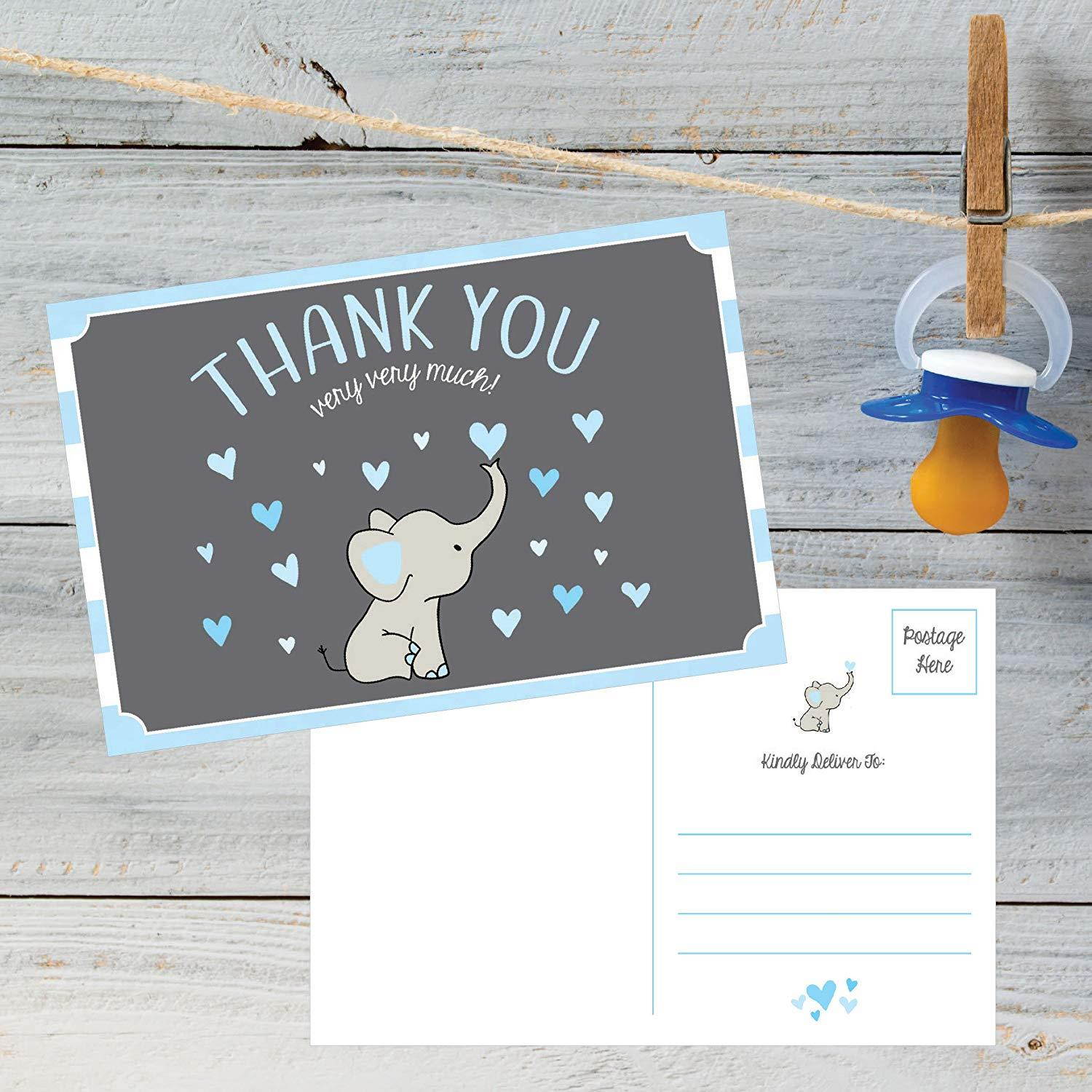 50 4x6 Elephant Boy Baby Shower Thank You Postcards Bulk, Beautiful Modern Cute Boho Blue Blank Thanks Note Card Stationery Appreciation Set