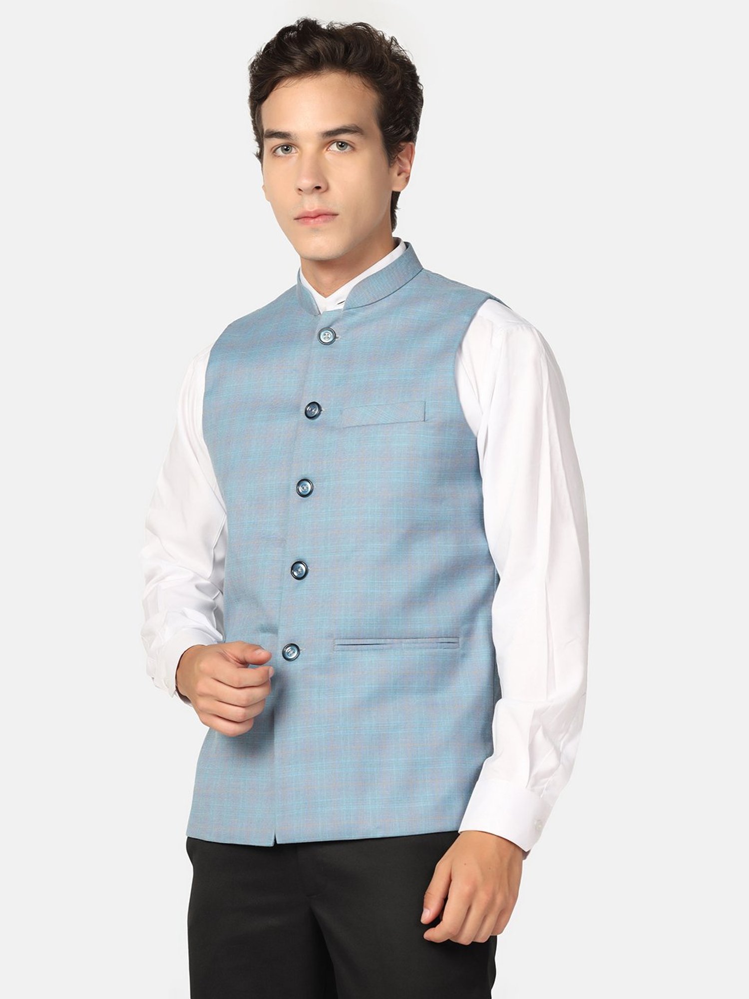 TAHVO Light Blue Slim Fit Check Nehru Jacket
