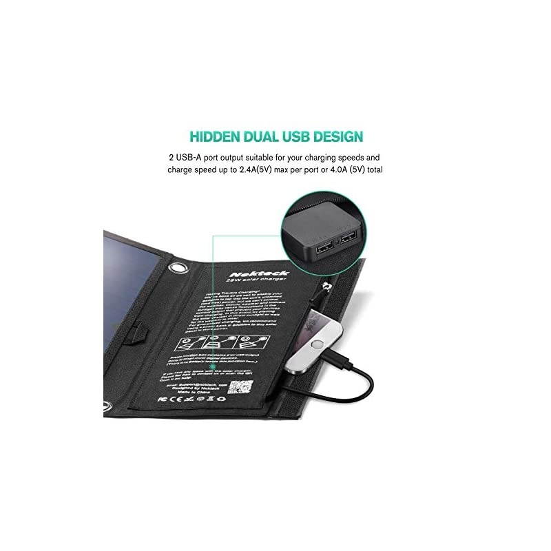 28W Foldable Portable Solar Charger with 2 USB Port, IPX4 Waterproof Hiking Camping Gear Sunpowered Charger Compatible with iPhone 12/11/11pro/Xs, iPad, MacBook, Samsung Galaxy, Camera etc.