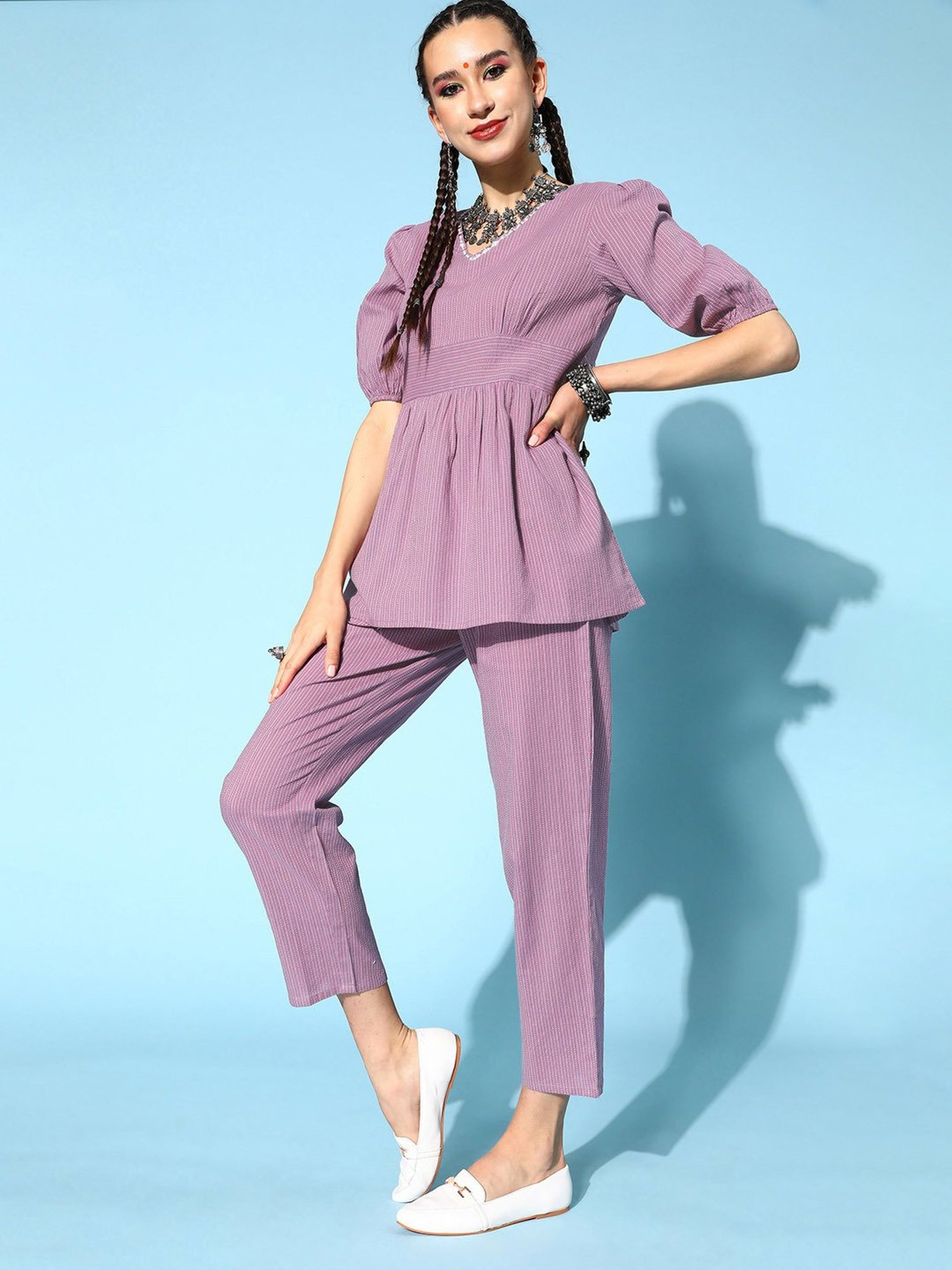 Stylum Lilac Cotton Striped Tunic Pant Set