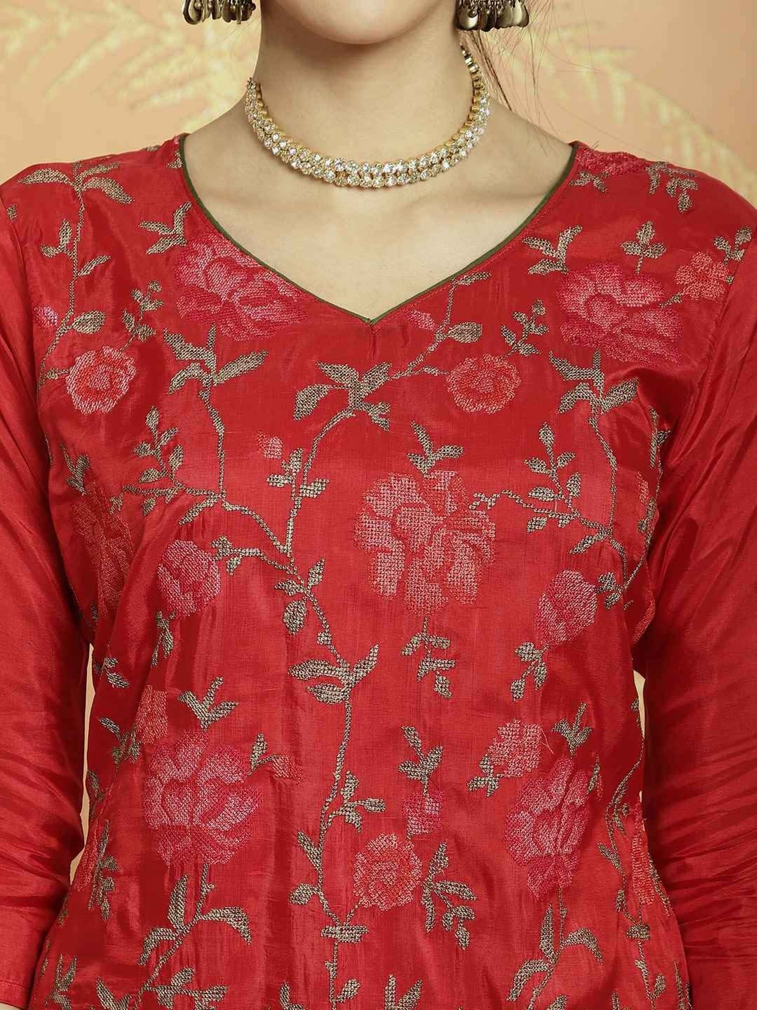Stylee LIFESTYLE Red Embroidered Unstitched Dress Material