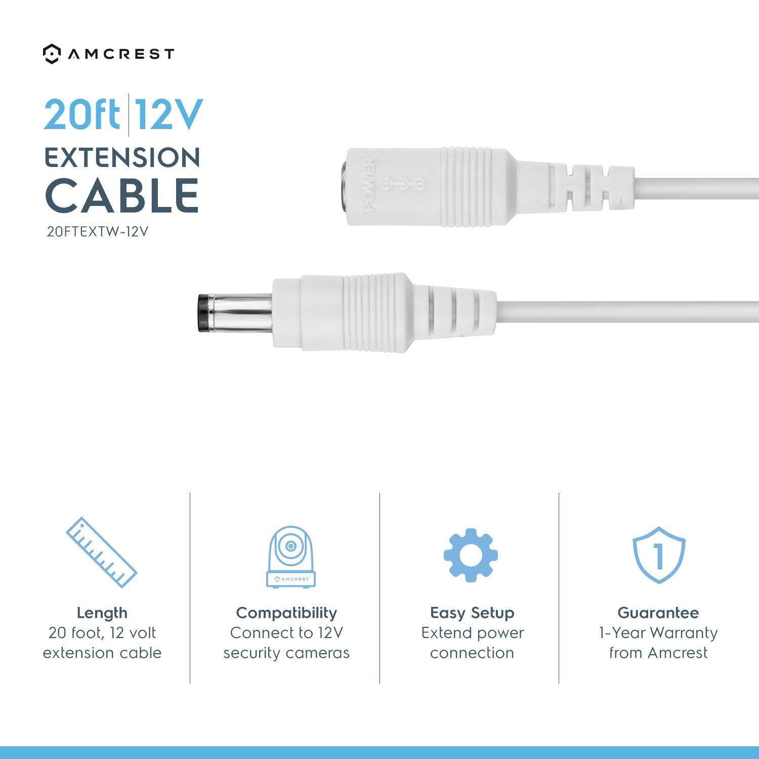Amcrest Universal 12V DC Power Extension Cable (20ft) for Power Supply/Adapter / Outdoor Security Cameras, Compatible with All CCTV/IP Camera Brands, 5.5mm DC Plug, 20 Feet, White (20FTEXTW-12V)