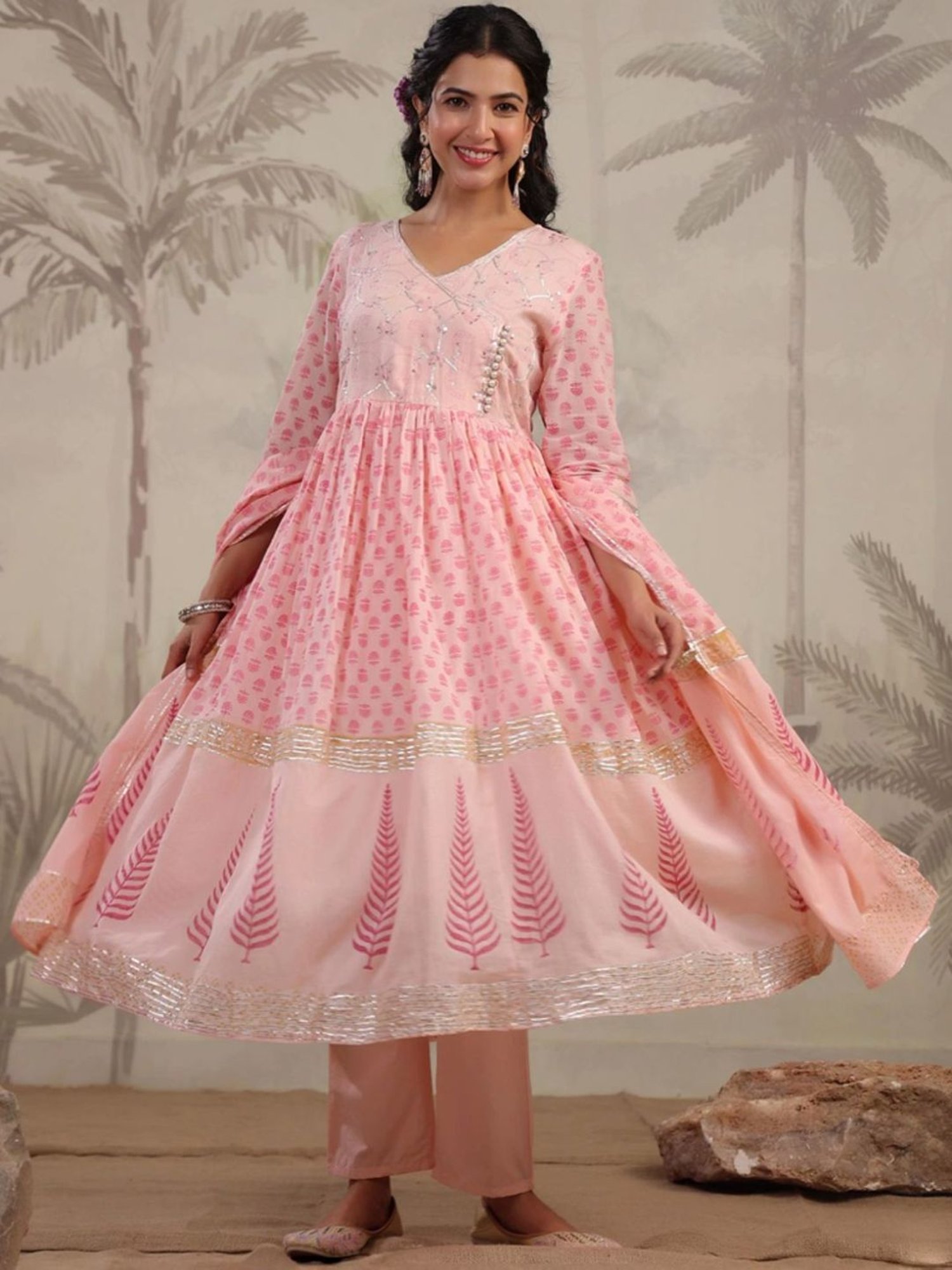 SCAKHI Peach Hand-Block Printed Handworked Anarkali Kurta and Pant With Dupatta