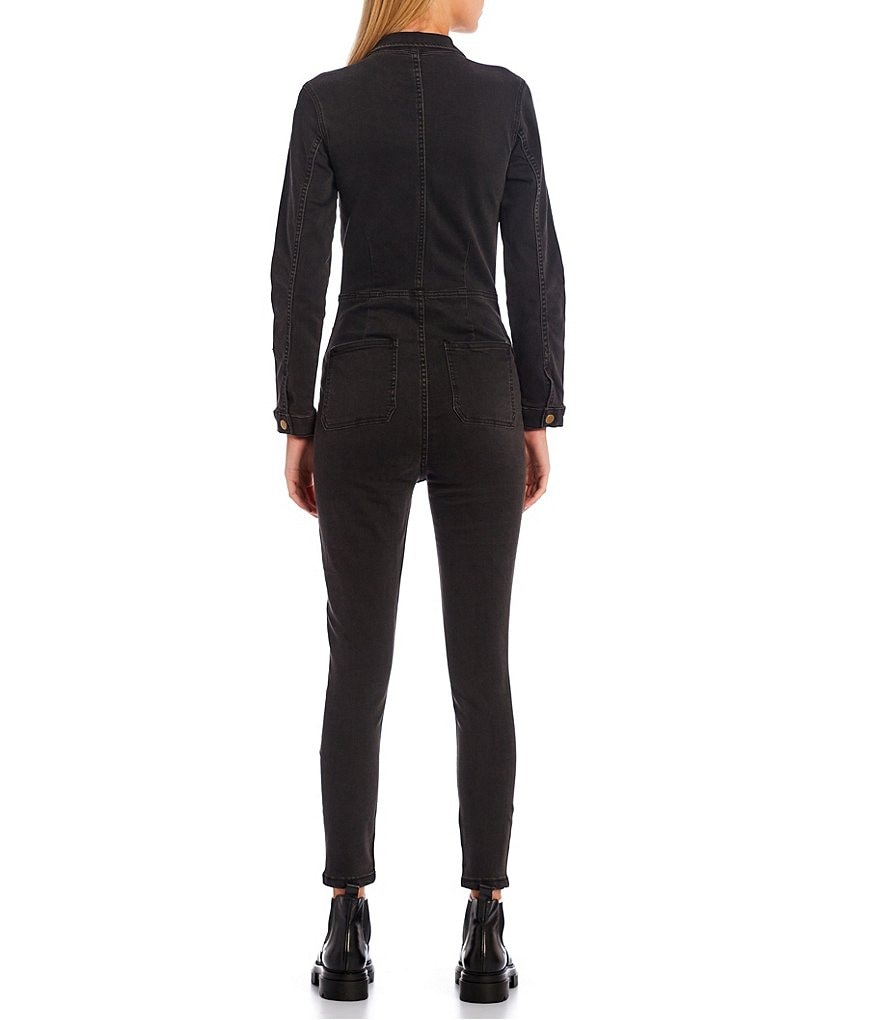 Free People Lennox Zipper Front Stretch Point Collar Long Sleeve Denim Jumpsuit