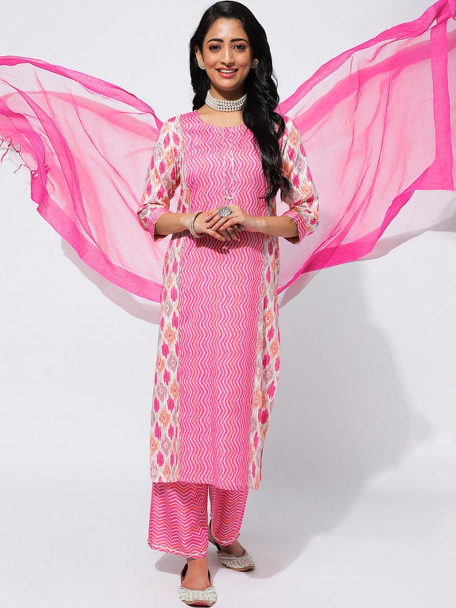 Skylee Pink Printed Kurta Pant Set With Dupatta