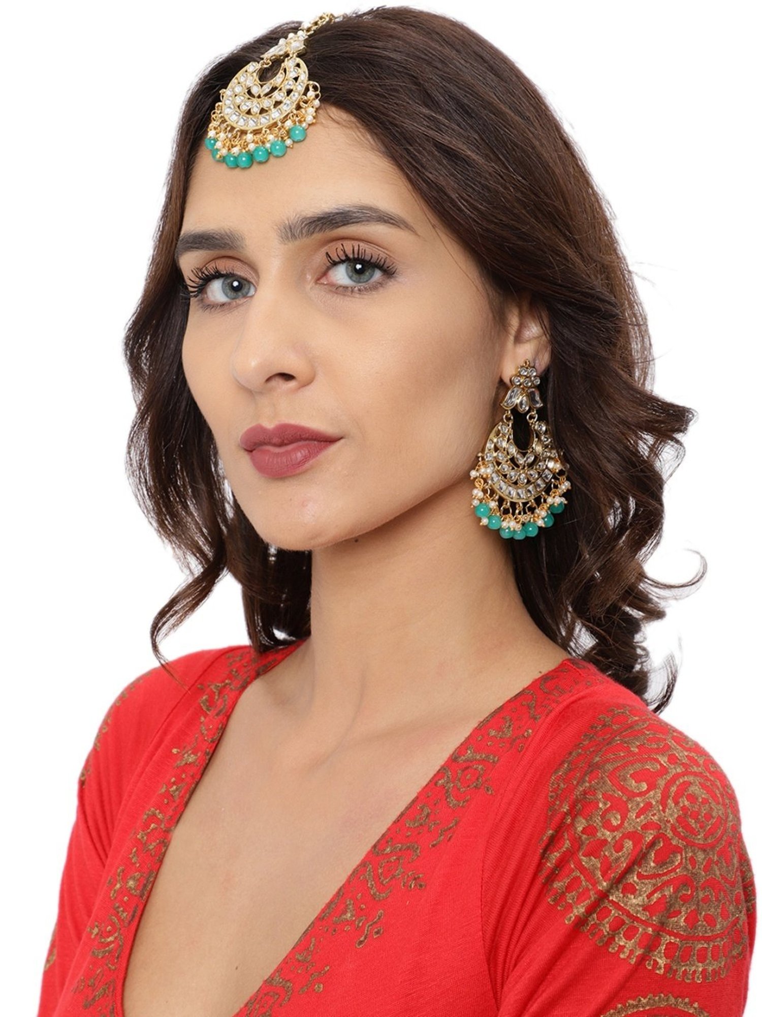 Zaveri Pearls Green & Clear Alloy Earring & Maang Tikka Set