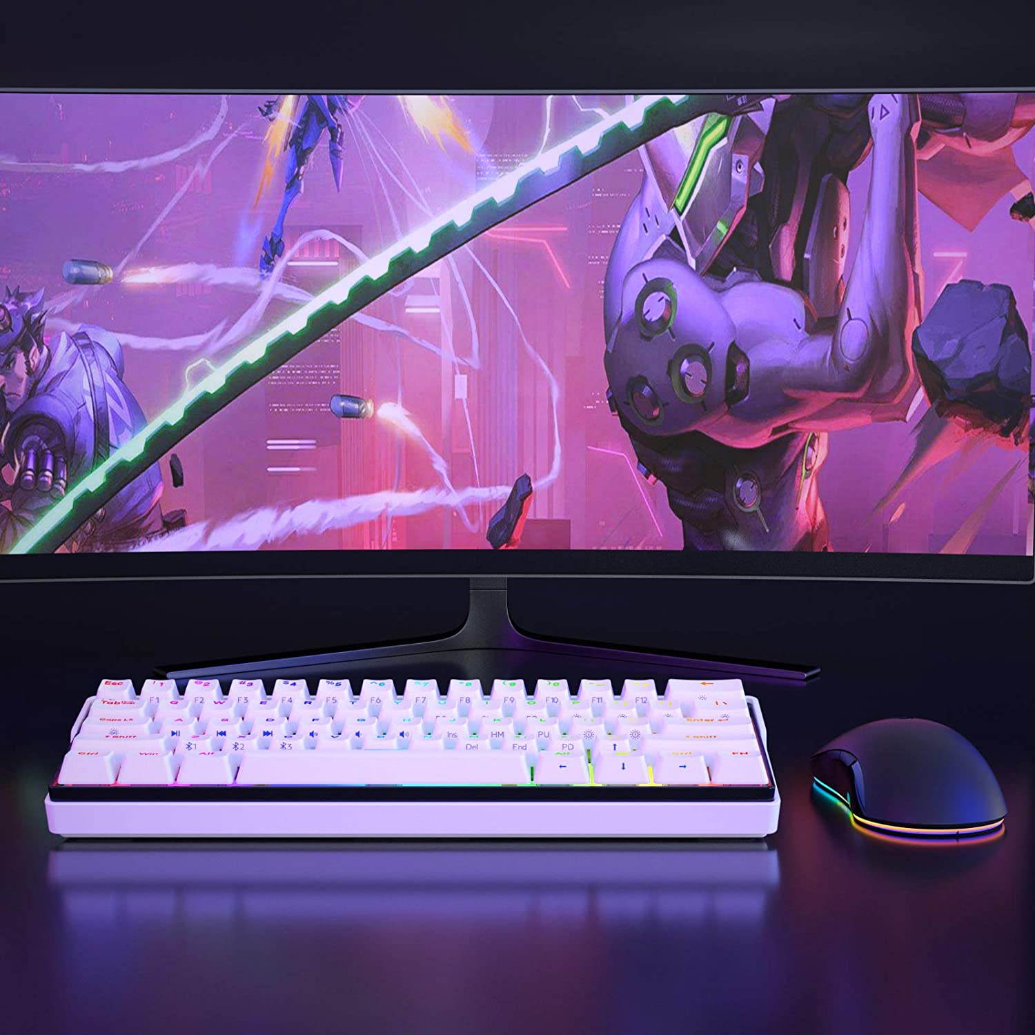 KEMOVE 61 Snowfox Bluetooth 5.1 Wireless/Wired 60% RGB Mechanical Gaming Keyboard - Hot Swappable with Mechanical Switches, PBT Keycap, Full Keys Programmable for Win/Mac -White (Gateron Brown Switch)