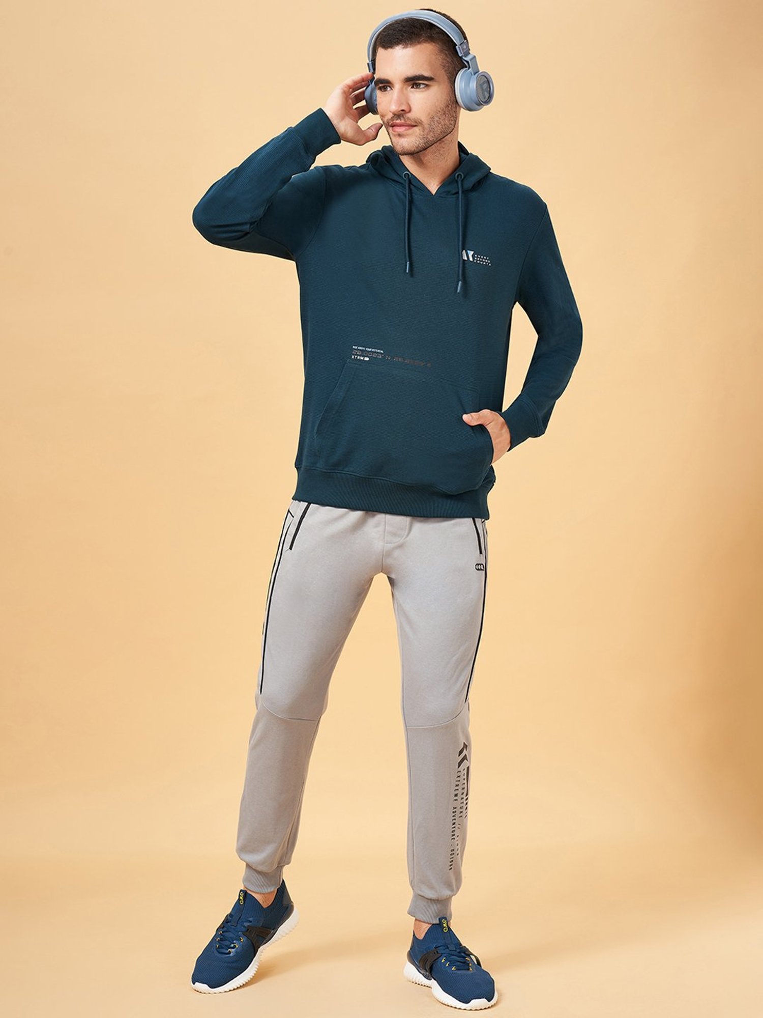 Ajile by Pantaloons Teal Slim Fit Printed Hooded Sweatshirt