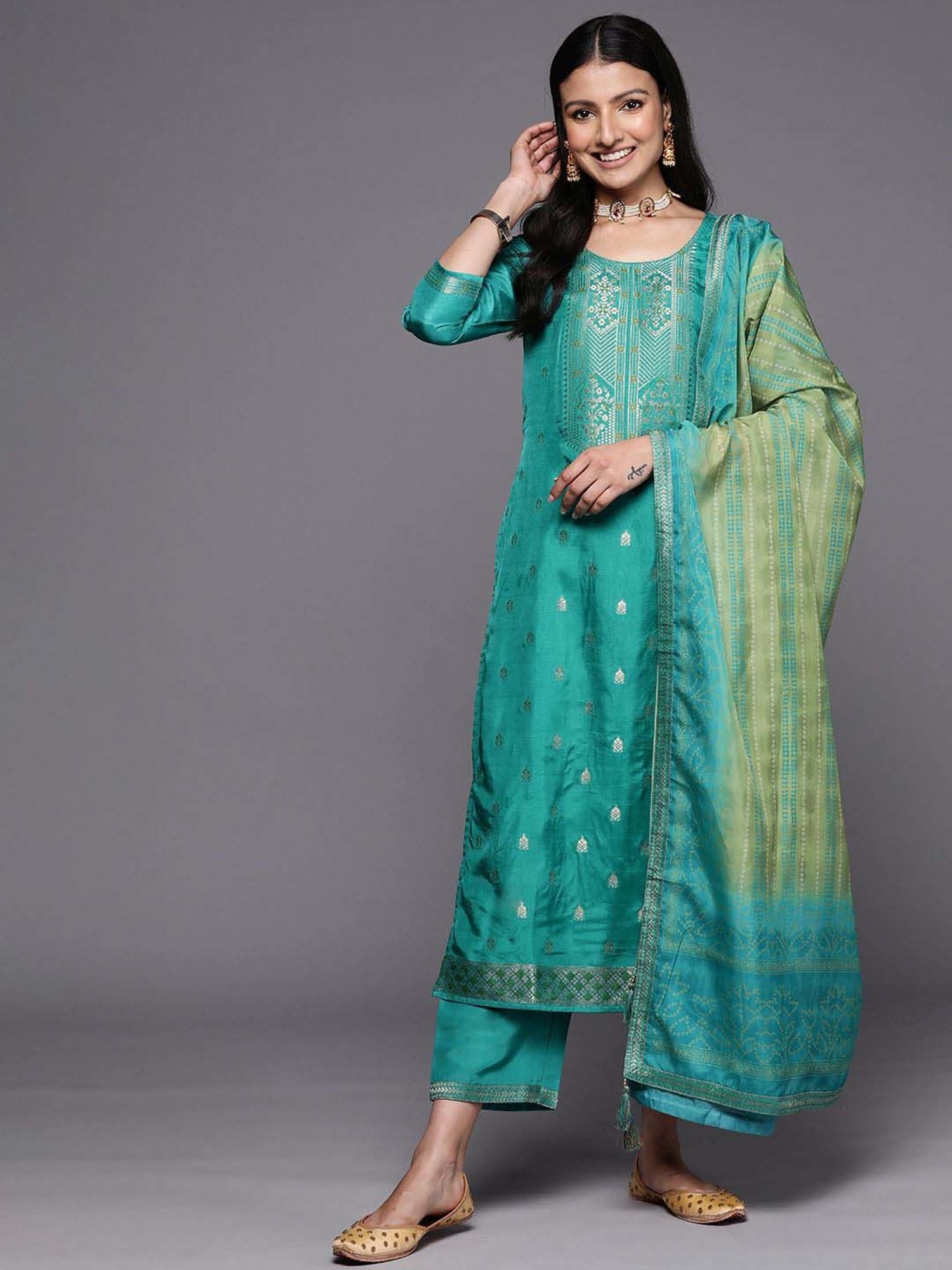 Libas Blue Woven Pattern Kurta Pant Set With Dupatta