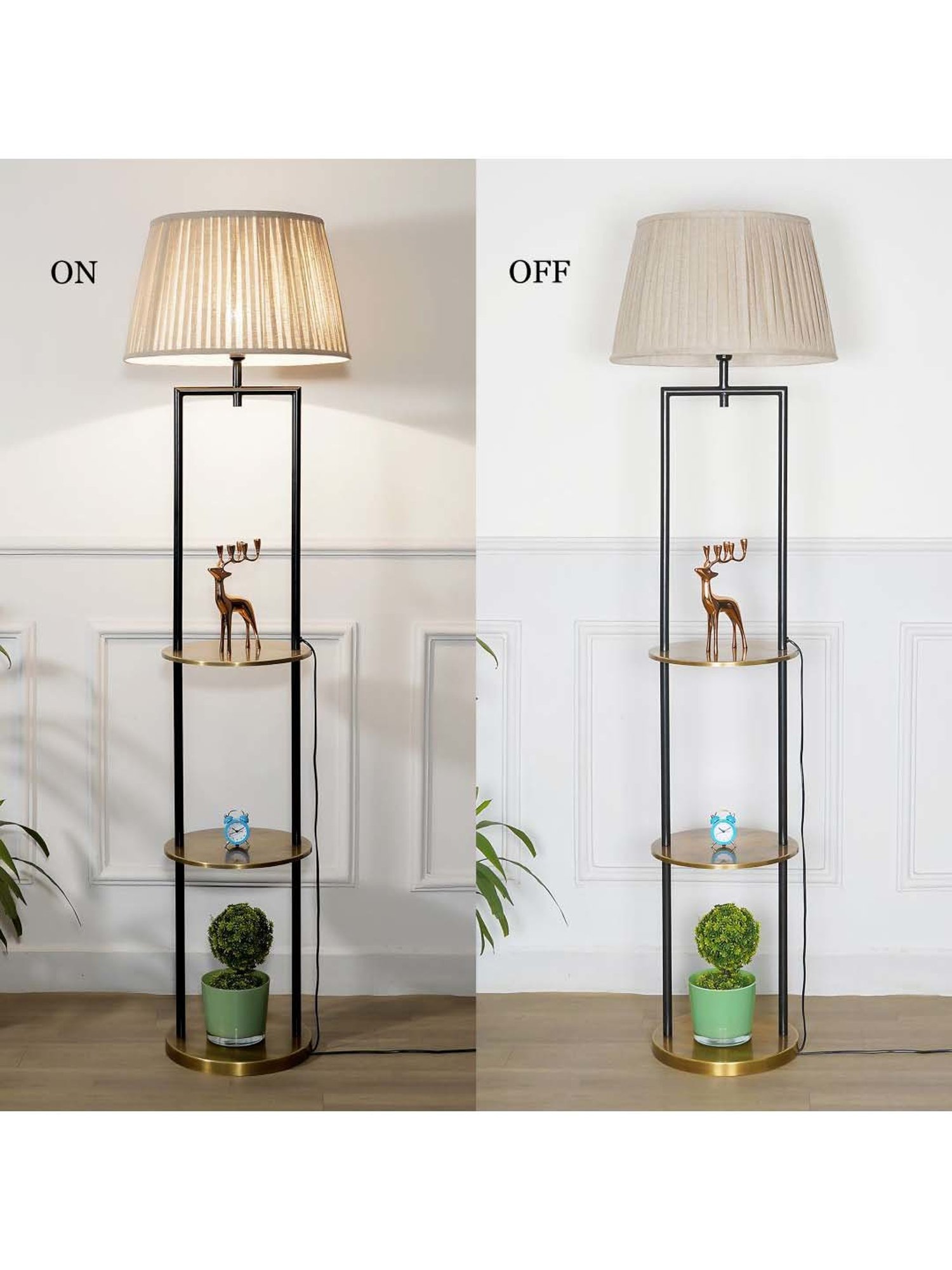 Kapoor E Illuminations Gallow Brass & Black Metal Multiutility Shelf Floor Lamp