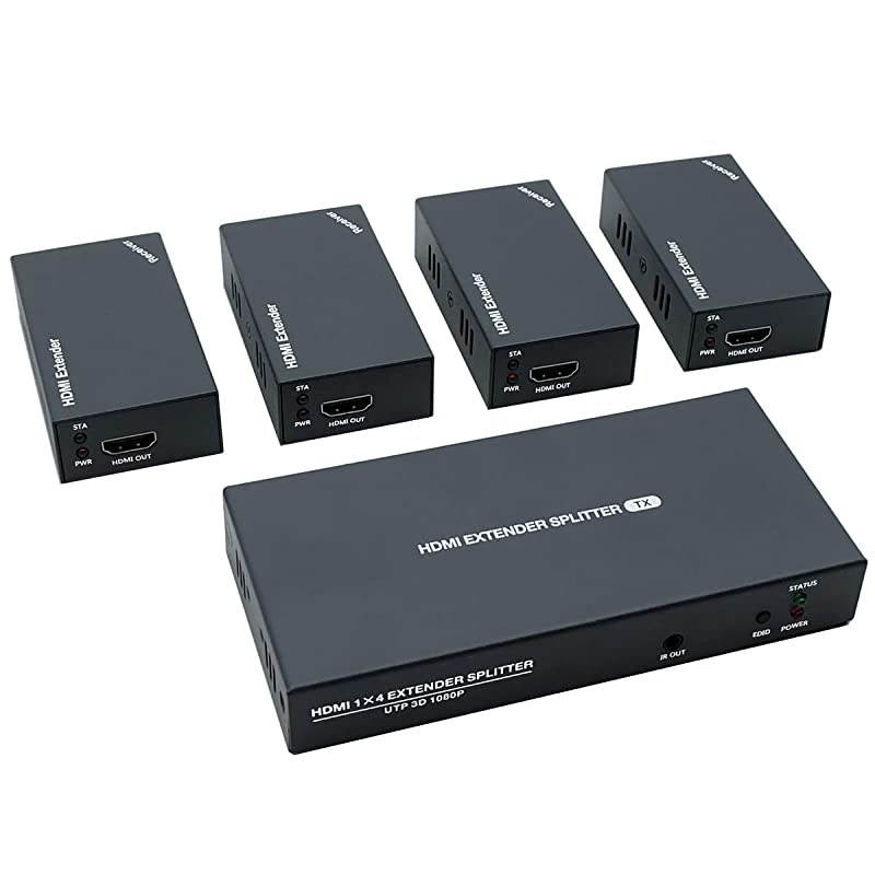 Extender Splitter with IR 1x4 1080P Over Ethernet Cable Cat 5E/6/7 Up to 50m (165ft) Support EDID Copy POC Function (1 in 4 Out)