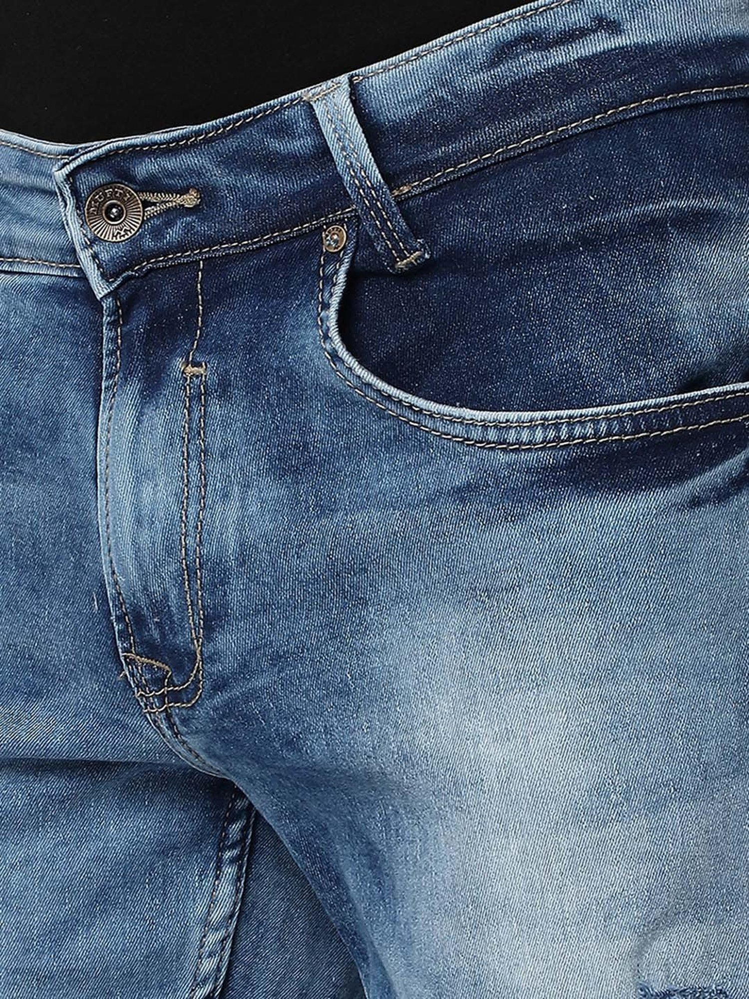 Mufti Light Blue Super Slim Fit Lightly Washed Distressed Jeans