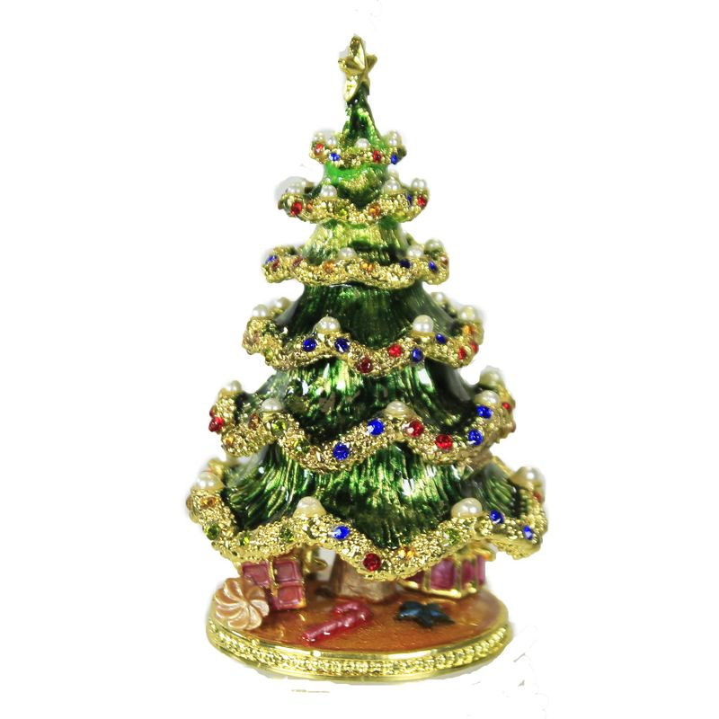 Hinged Trinket Box 3.5" Christmas Tree Box Magnetic Star Decorated  -  Decorative Figurines
