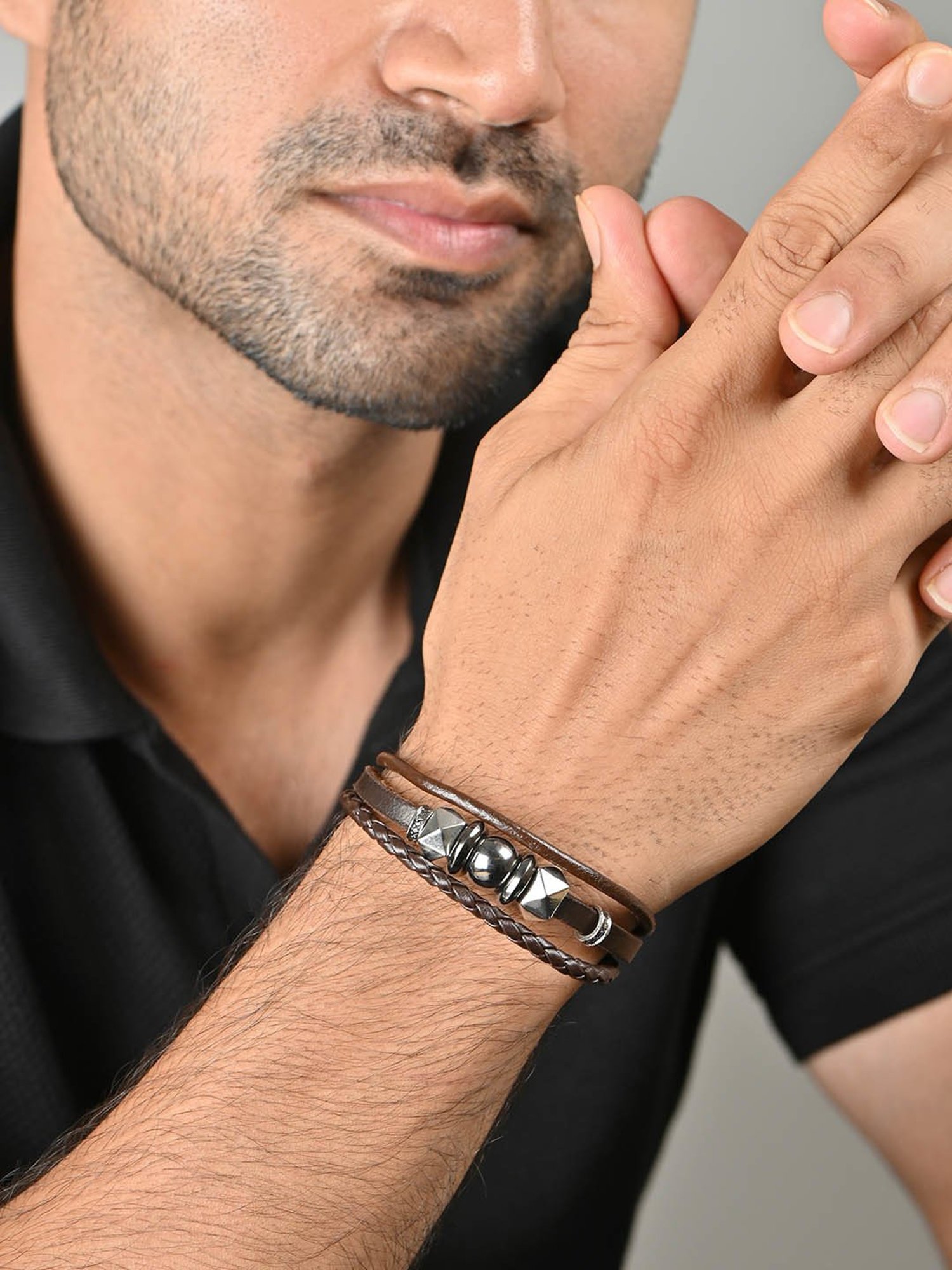 The Bro Code Brown Geometric Single Layered Faux Leather Bracelet for Men