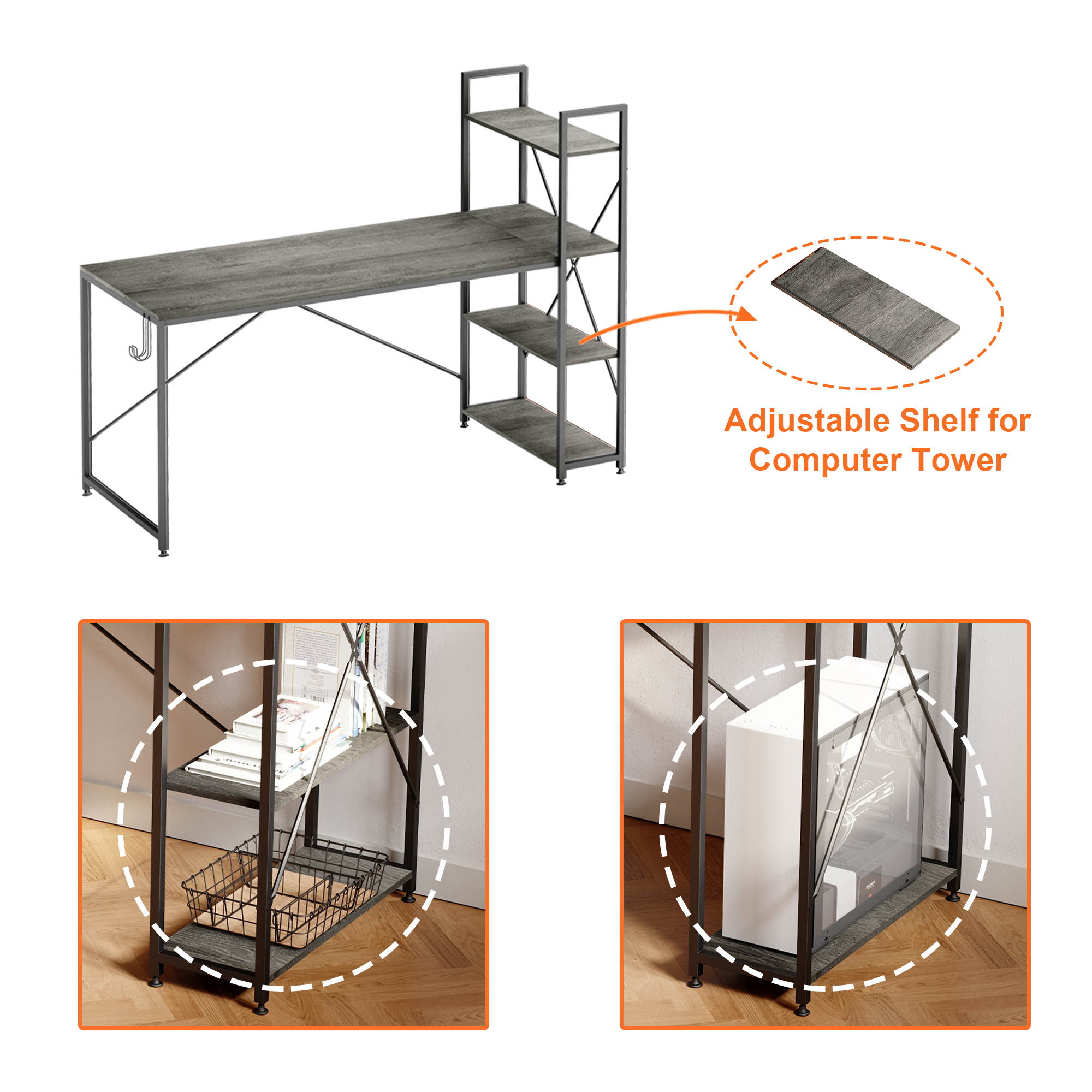 Bestier 63 Inch Computer Desk with Storage Shelves, Modern Bookshelf Desk with Headphone Hook Large Workstation Writing Desk with Reversible Bookshelves Home Office Work Table Study Desk Grey