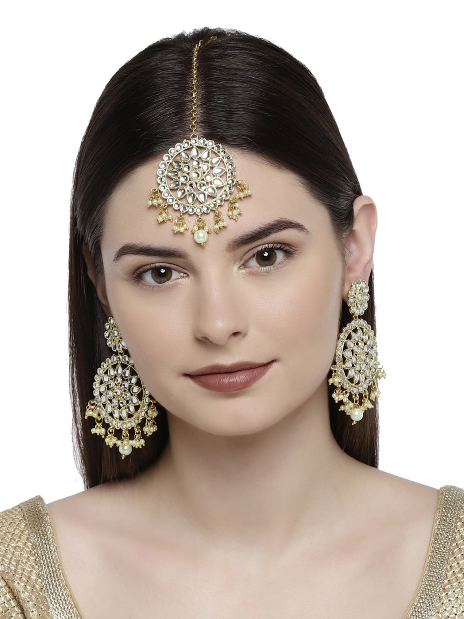 Zaveri Pearls Gold Tone Traditional Kundan & Pearls Earring & Maangtikka Set