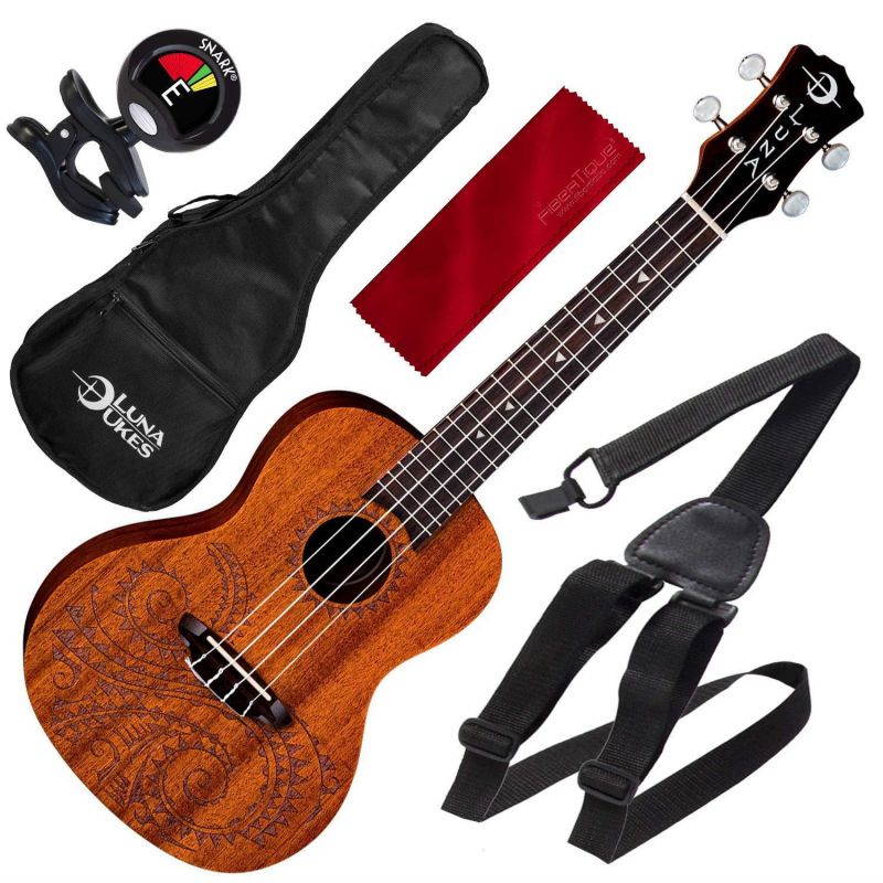 Luna Uke Tattoo Concert Acoustic Mahogany Ukulele with Basic Accessory Bundle