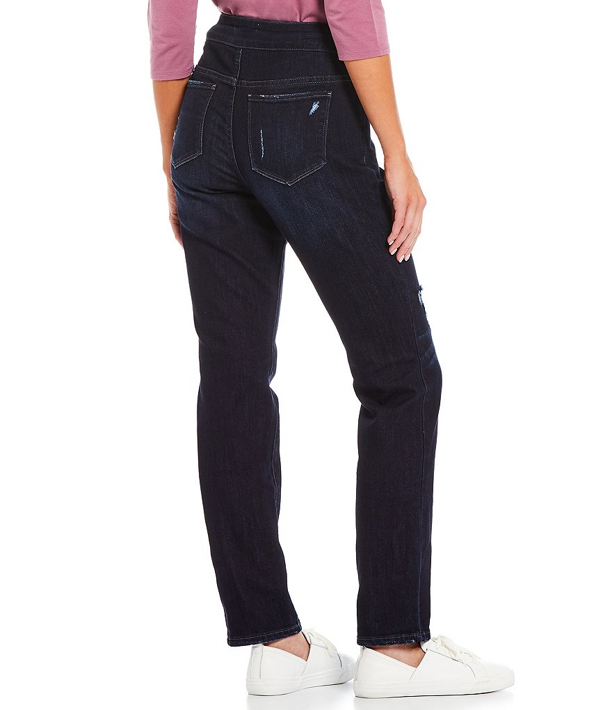 Westbound Petite Size the PARK AVE fit Distressed Denim Mid Rise Straight Leg Pull-On Pants