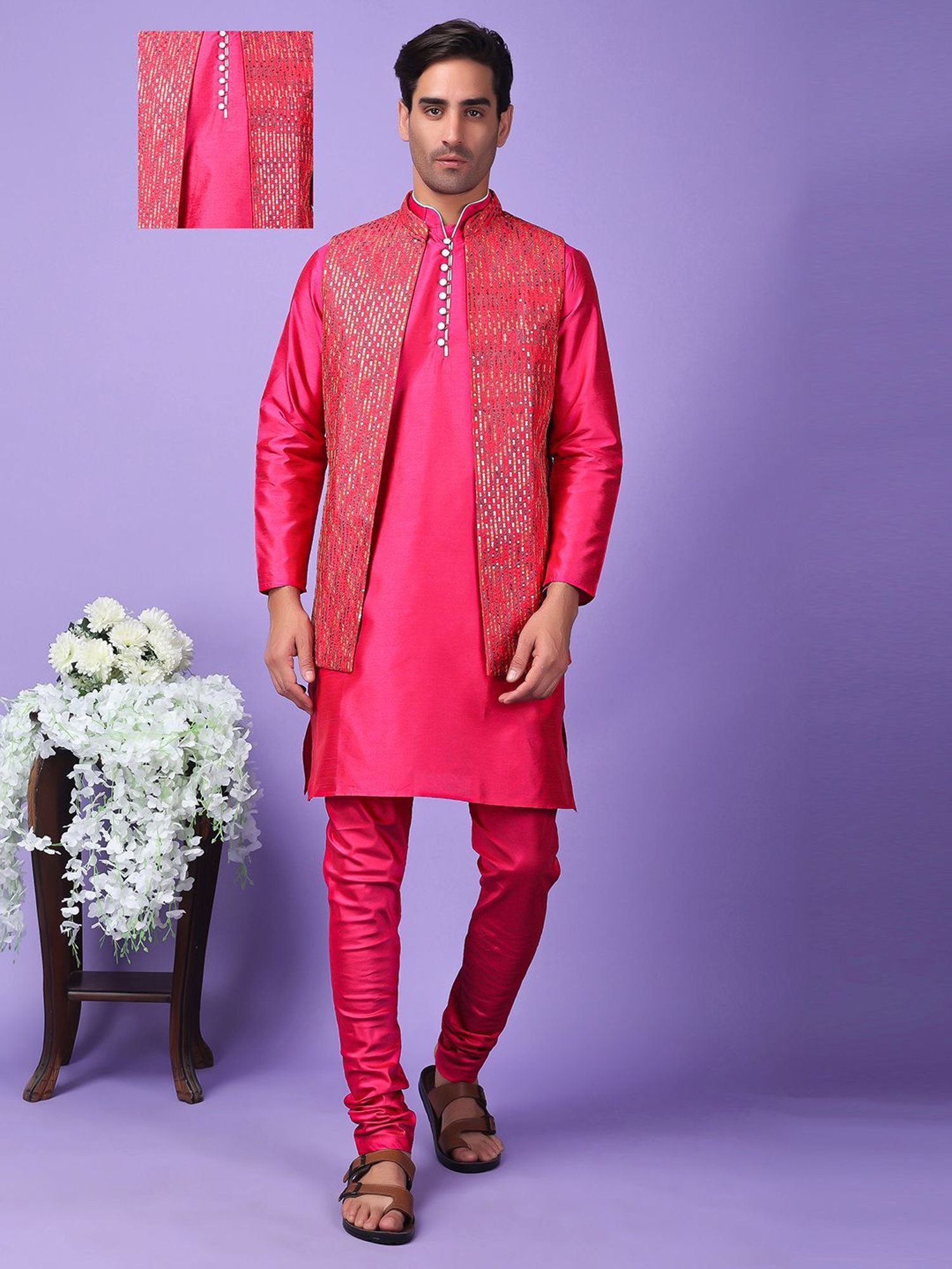 Hangup Pink Regular Fit Embroidered Kurta Set With Jacket