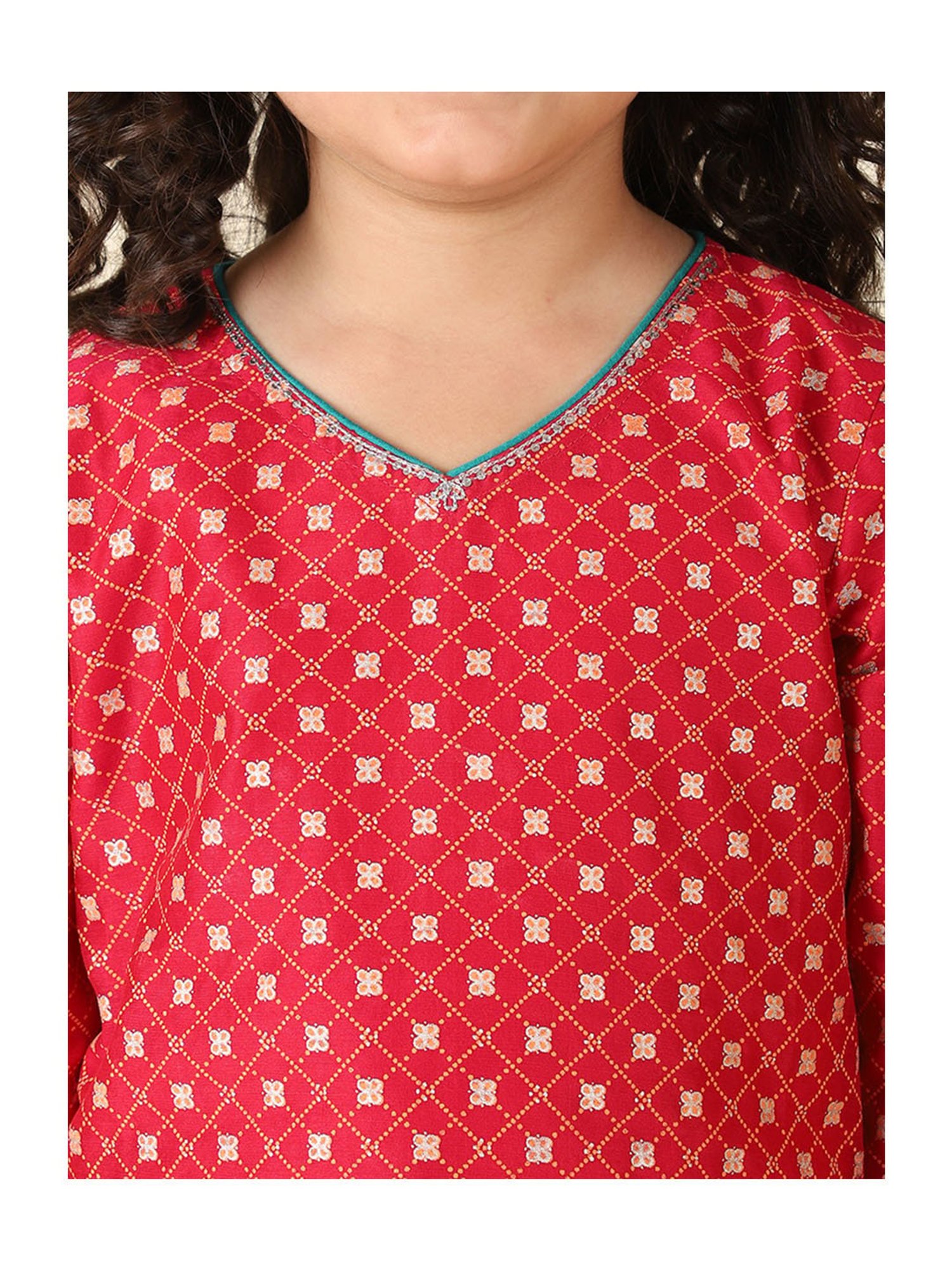 Fabindia Kids Magenta & Green Printed Kurta, Dhoti with Dupatta