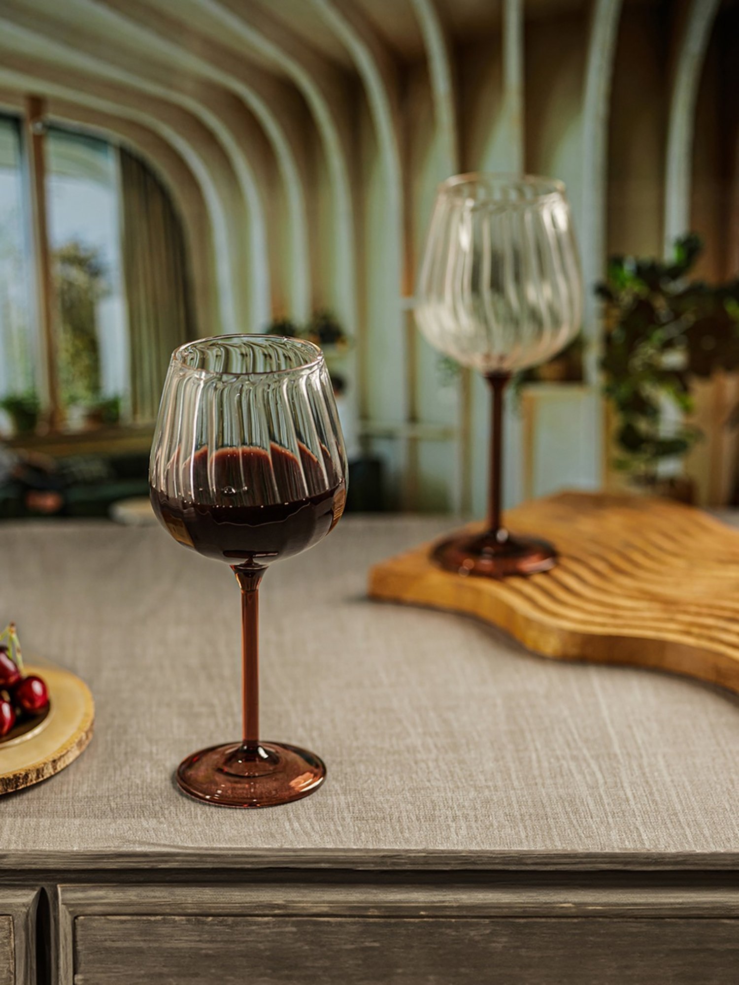 Trovea's Ribbed Dual Tone Transparent Glass Wine Glass - Set of 4