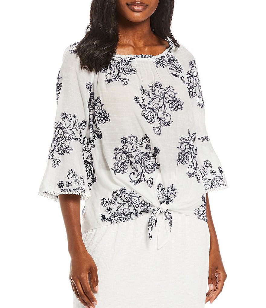 I.N. Studio Petite Size Floral Embroidered Gauzy Round Neck 3/4 Flounce Sleeve Peasant Top