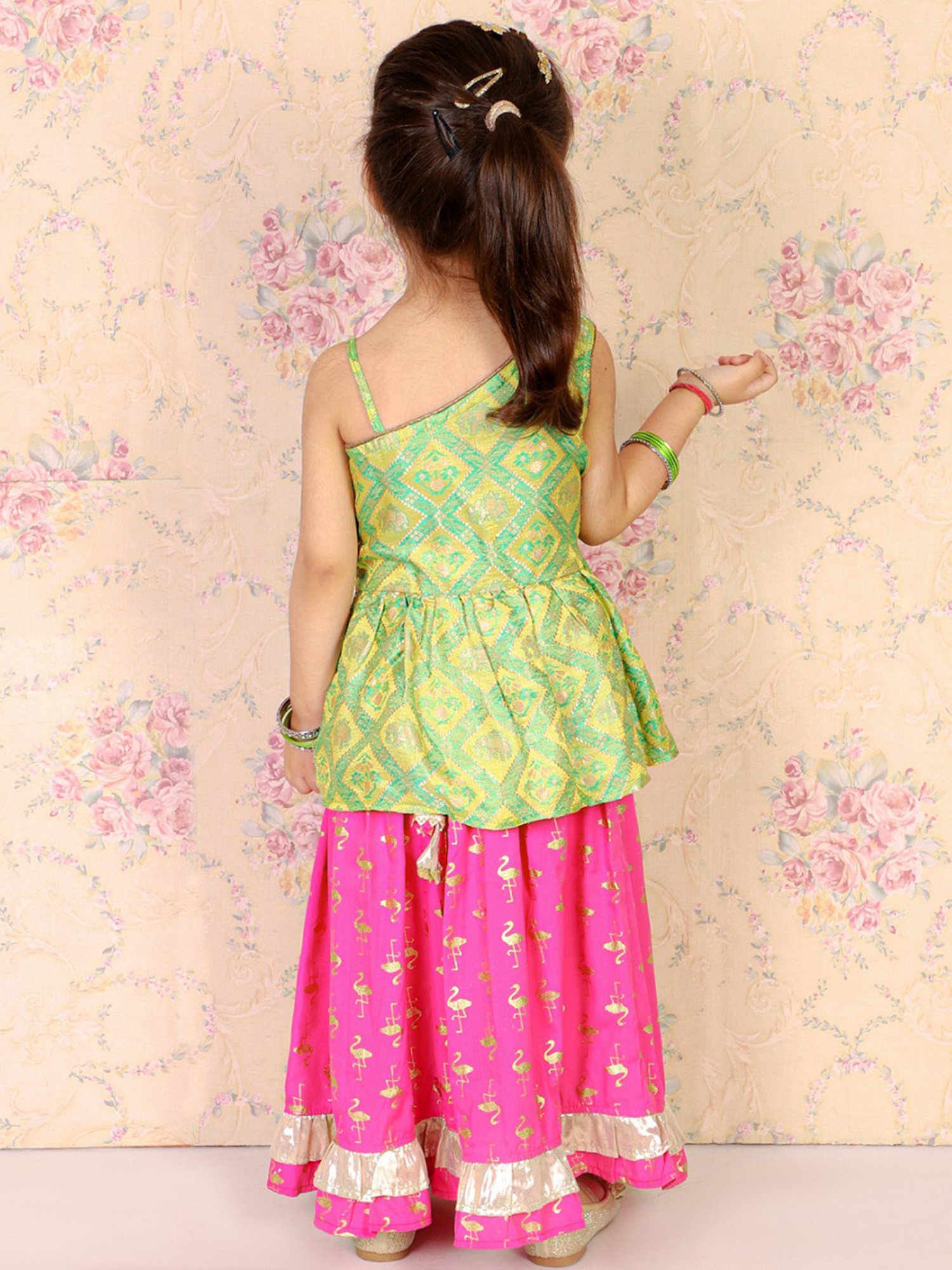 TWISHA Kids Green & Pink Self Design Top with Ghagra