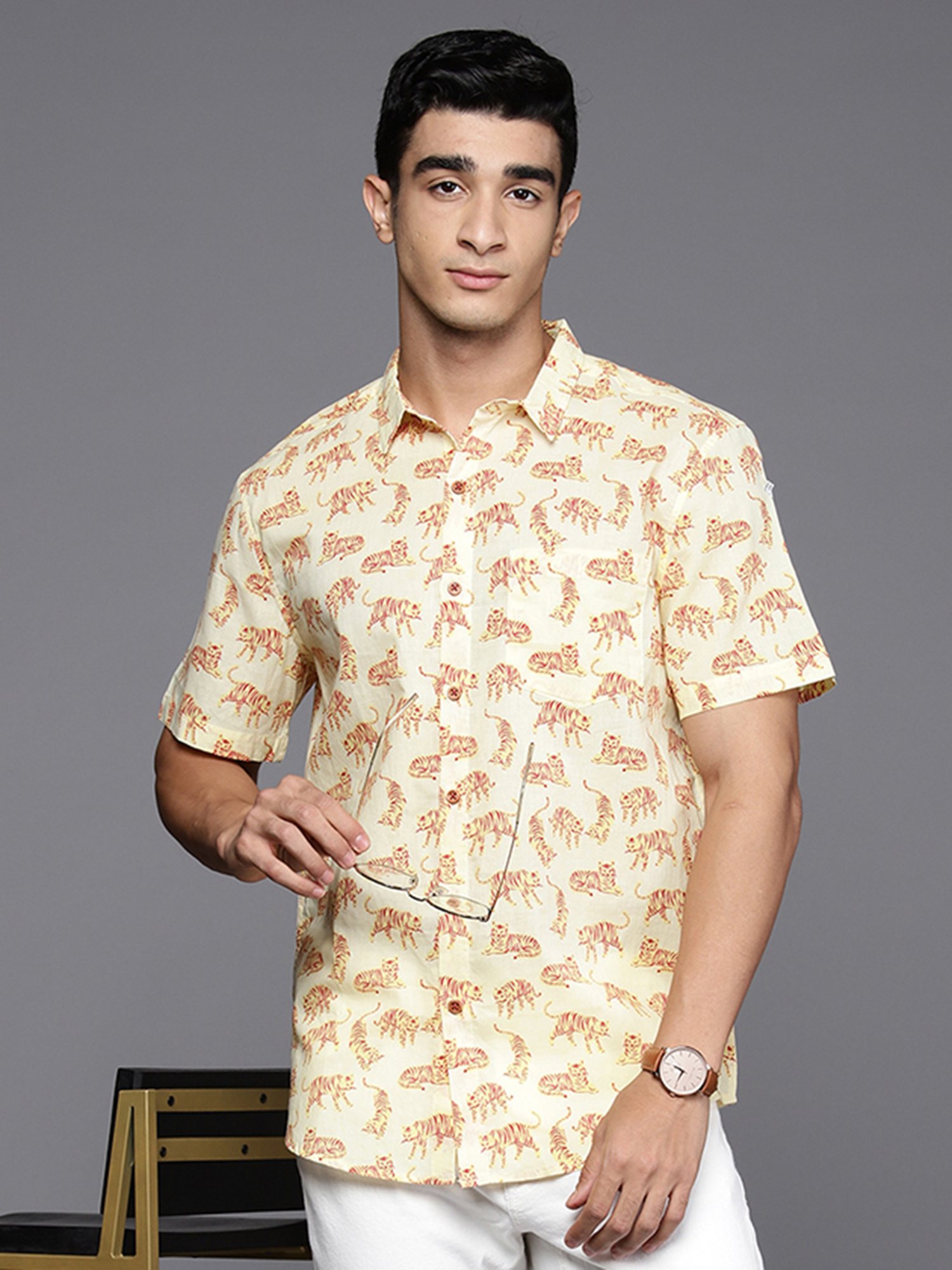 Indo Era Light Yellow Regular Fit Printed Ethnic Shirt