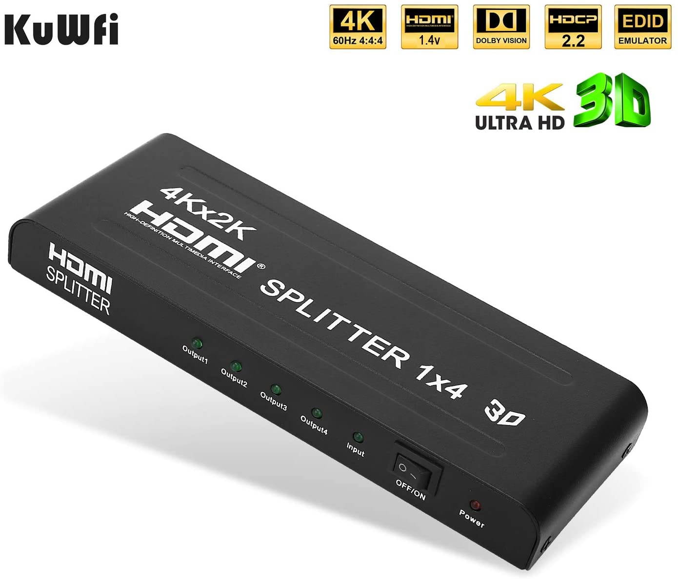 4K 3D HDMI Splitter 1 in 4 Out HDMI Switch Splitter with Metal Box and 24K Gold-Plated Connectors Support 4K 30Hz Ultra HD 3D 1080P Compatible with PS4 DLP Xbox DVD Player Blu-ray HDTV