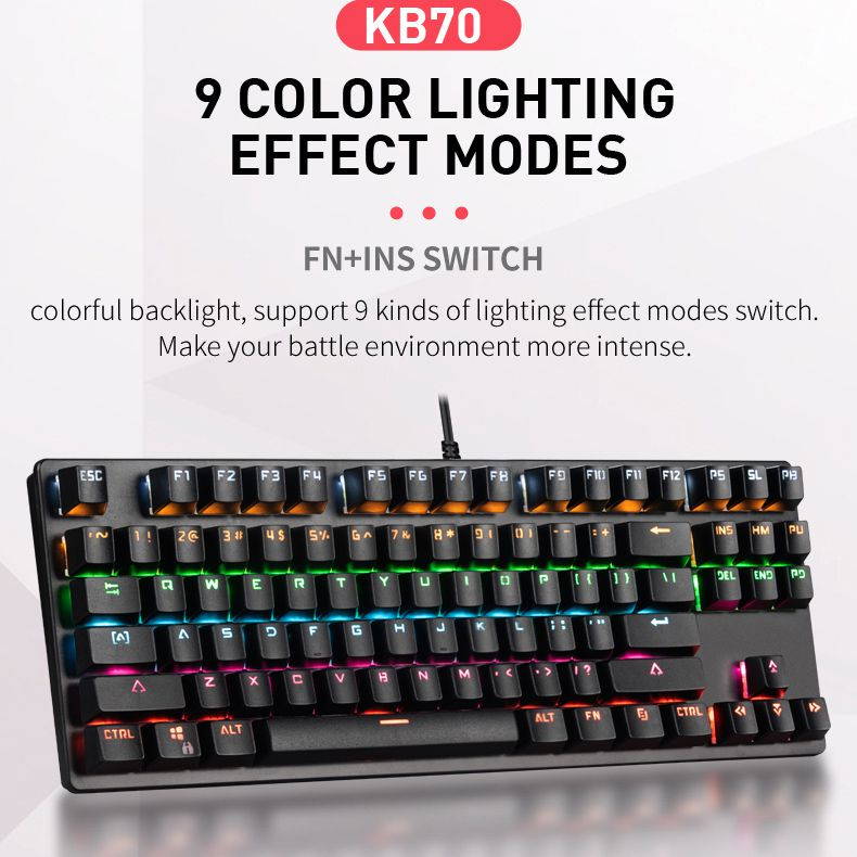 HSCCGI Mechanical Keyboard 87 Keys Small Compact Multicolour LED Backlit Wired USB Gaming Keyboard with Blue Switches, Metal Construction, Water Resistant for Windows PC Laptop game,BLACK