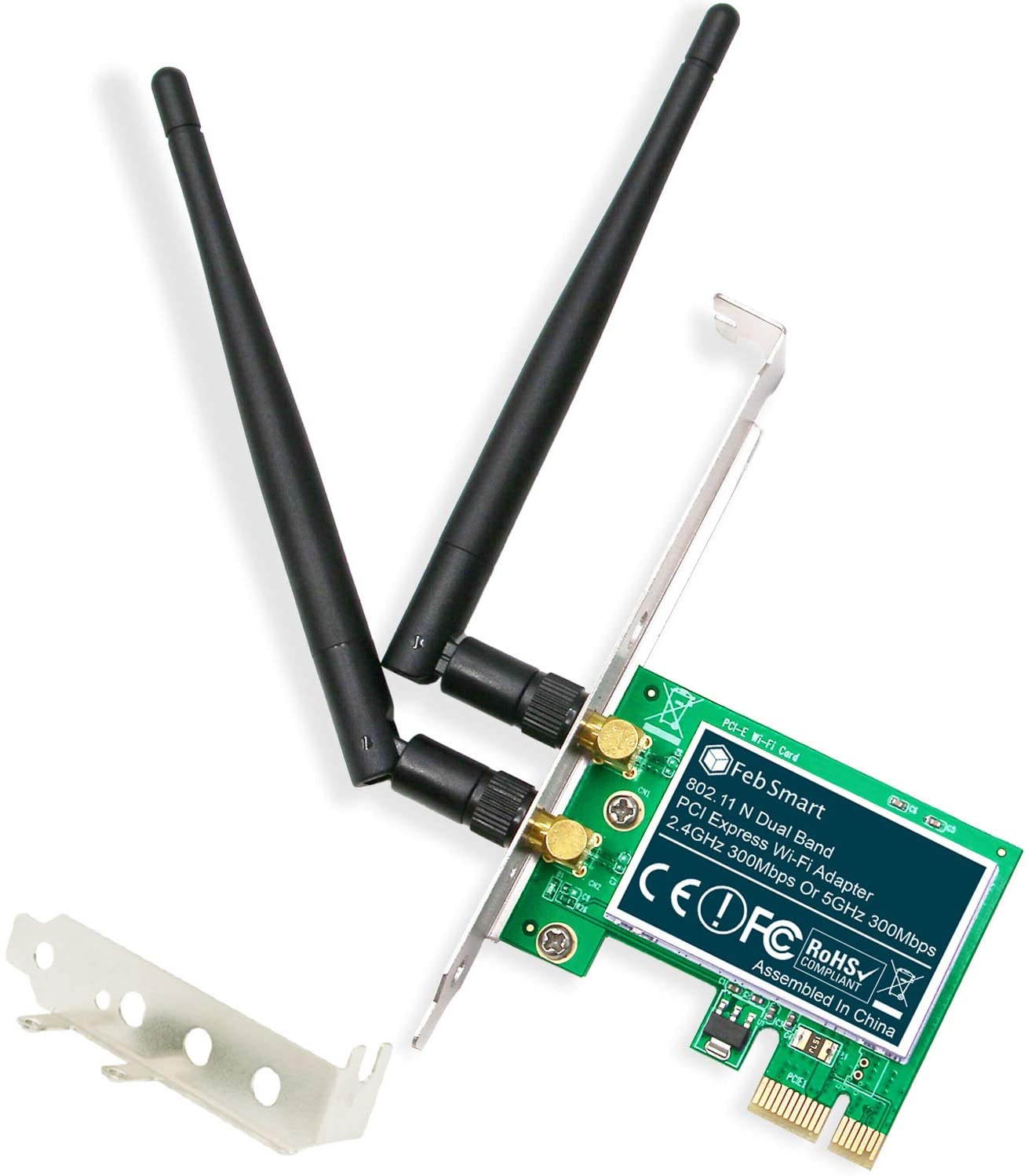 FebSmart Wireless Dual Band N600 (2.4GHz 300Mbps or 5GHz 300Mbps) PCI Express Wi-Fi Adapter for Windows XP 7 8 8.1 10 Server System (32/64bit) Desktop PCs-2-Stream MIMO PCIE Wi-Fi Card (FS-N600)