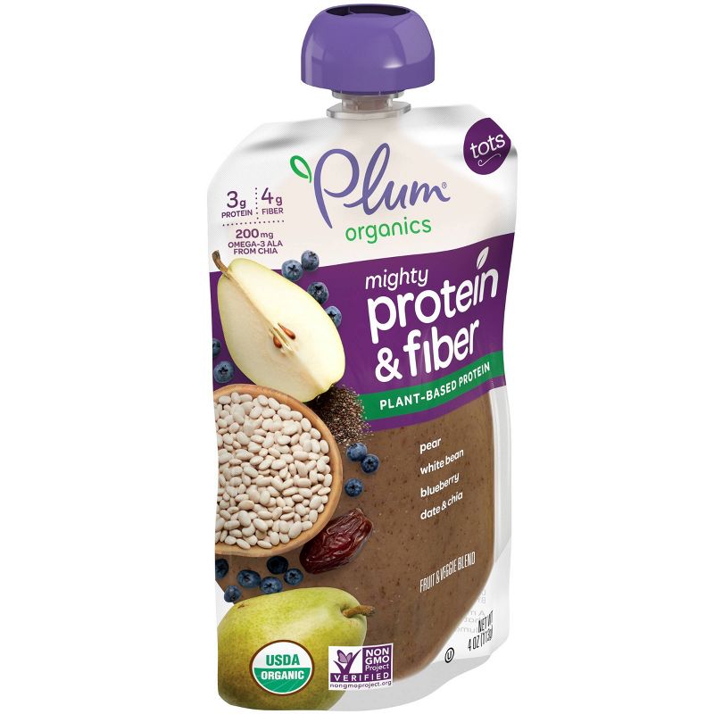 Plum Organics Mighty Protein & Fiber Pear White Bean Blueberry Date & Chia Baby Food Pouch - 4oz