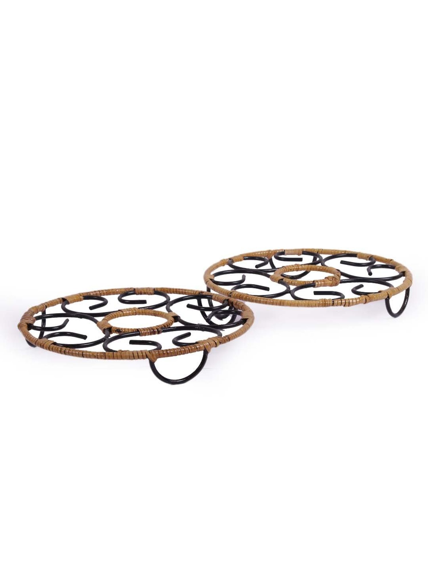VarEesha The Bamboo Way Beige & Black Iron Round Trivets - Set of 2