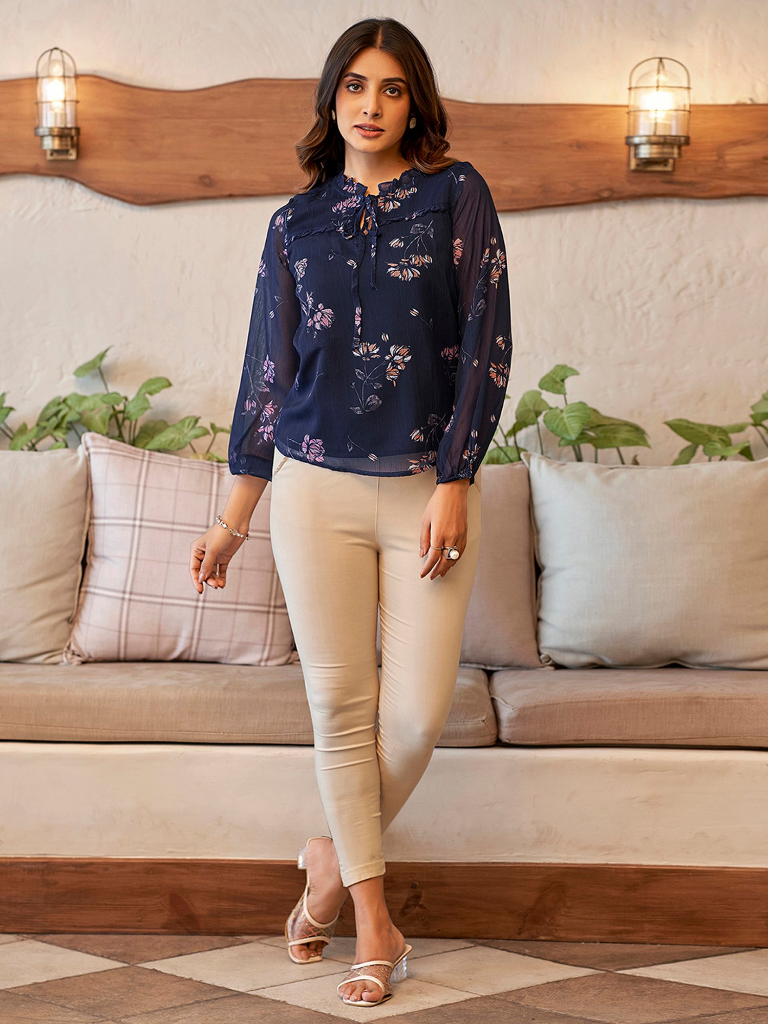 SELVIA Navy Floral Print Top