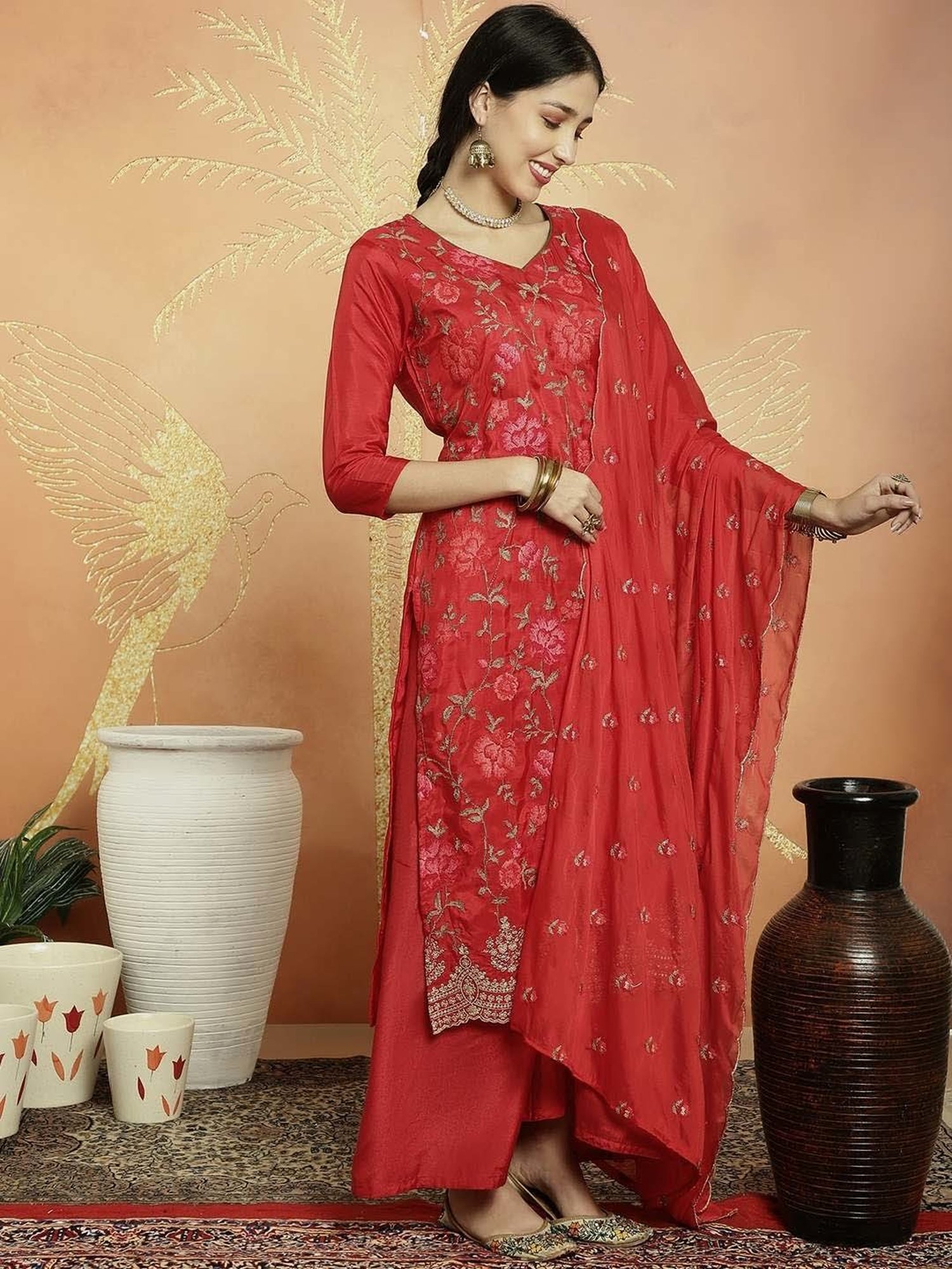 Stylee LIFESTYLE Red Embroidered Unstitched Dress Material